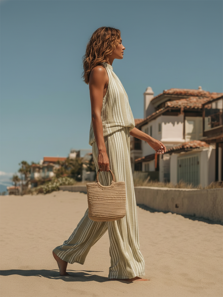 Vacation-style Cotton And Linen Striped Sleeveless Top And Trousers Set