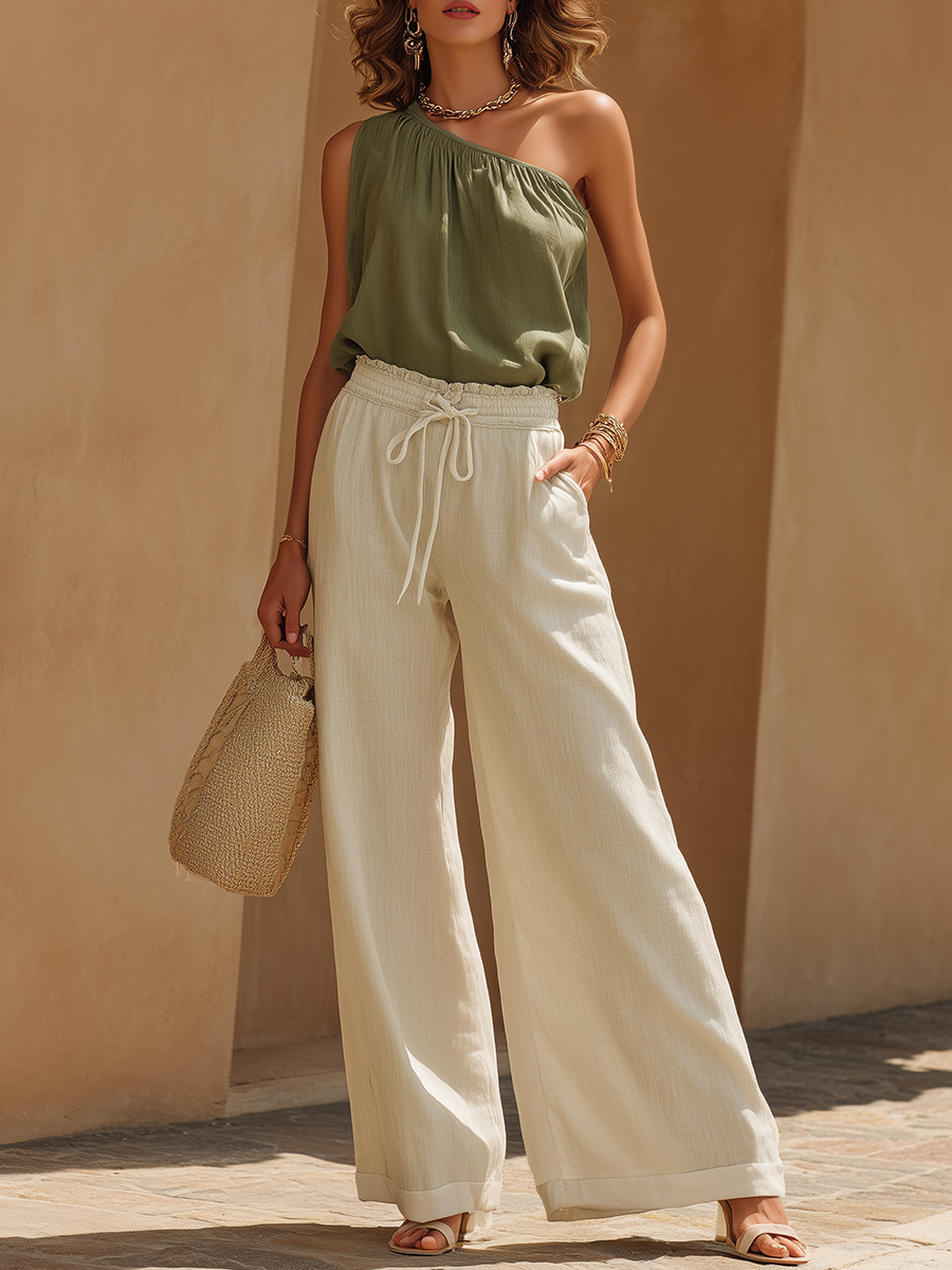 Stylish Vacation-Style One-Shoulder Top And Loose Wide-Leg Pants Set