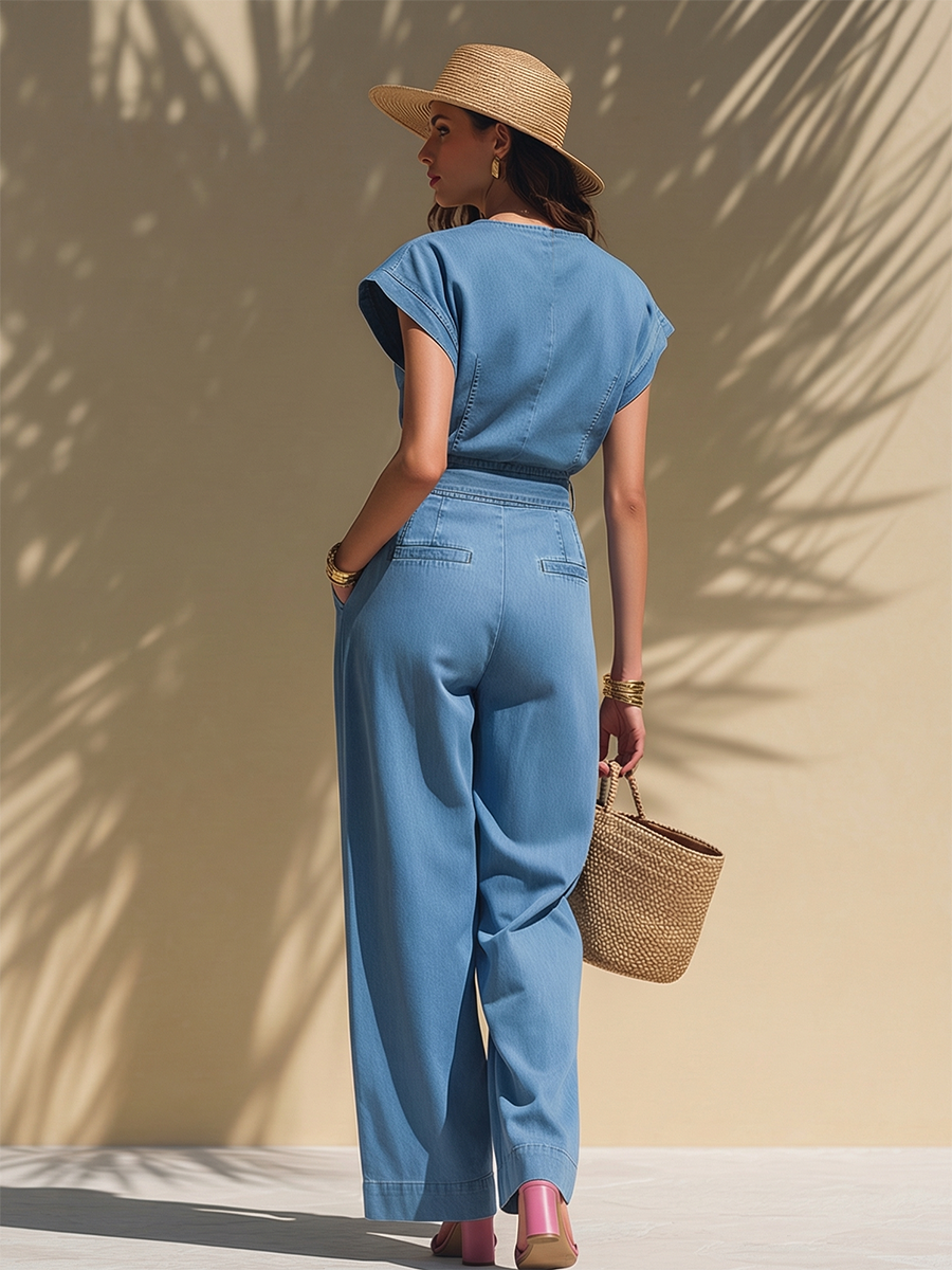 Trendy Vacation Sleeveless Top And Wide-leg Pants Denim Set