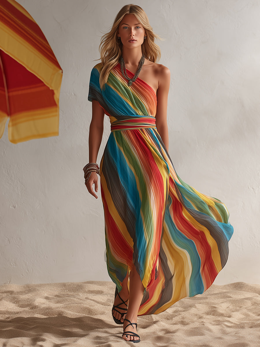 Bohemian Resort Rainbow Striped Chiffon One-Shoulder Maxi Dress