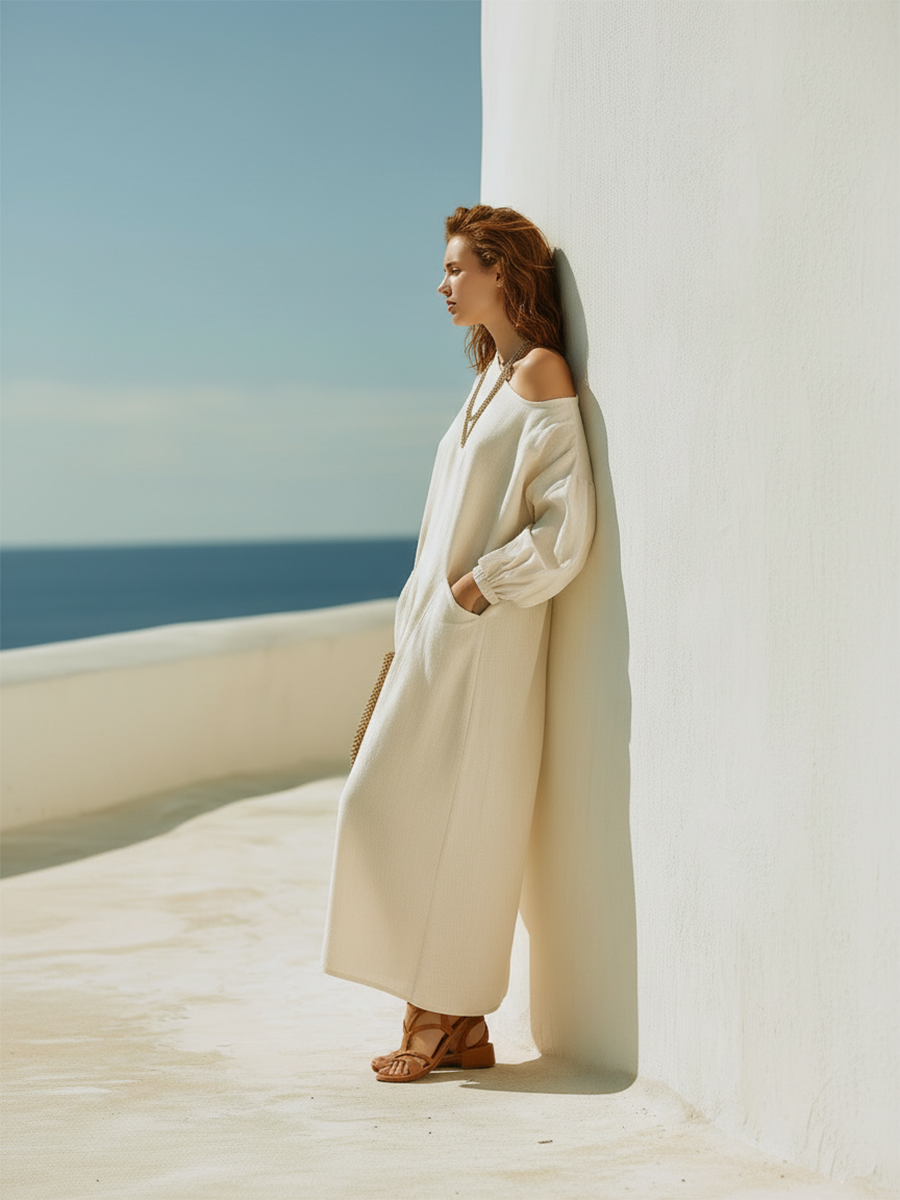Resort-style White Off-shoulder Long-sleeved Maxi Dress