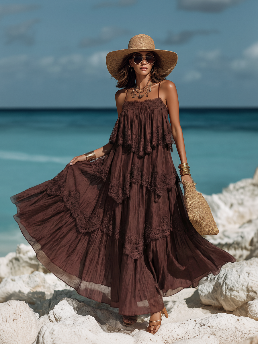 Elegant Resort-style Lace-trimmed Tencel Spaghetti Strap Maxi Dress