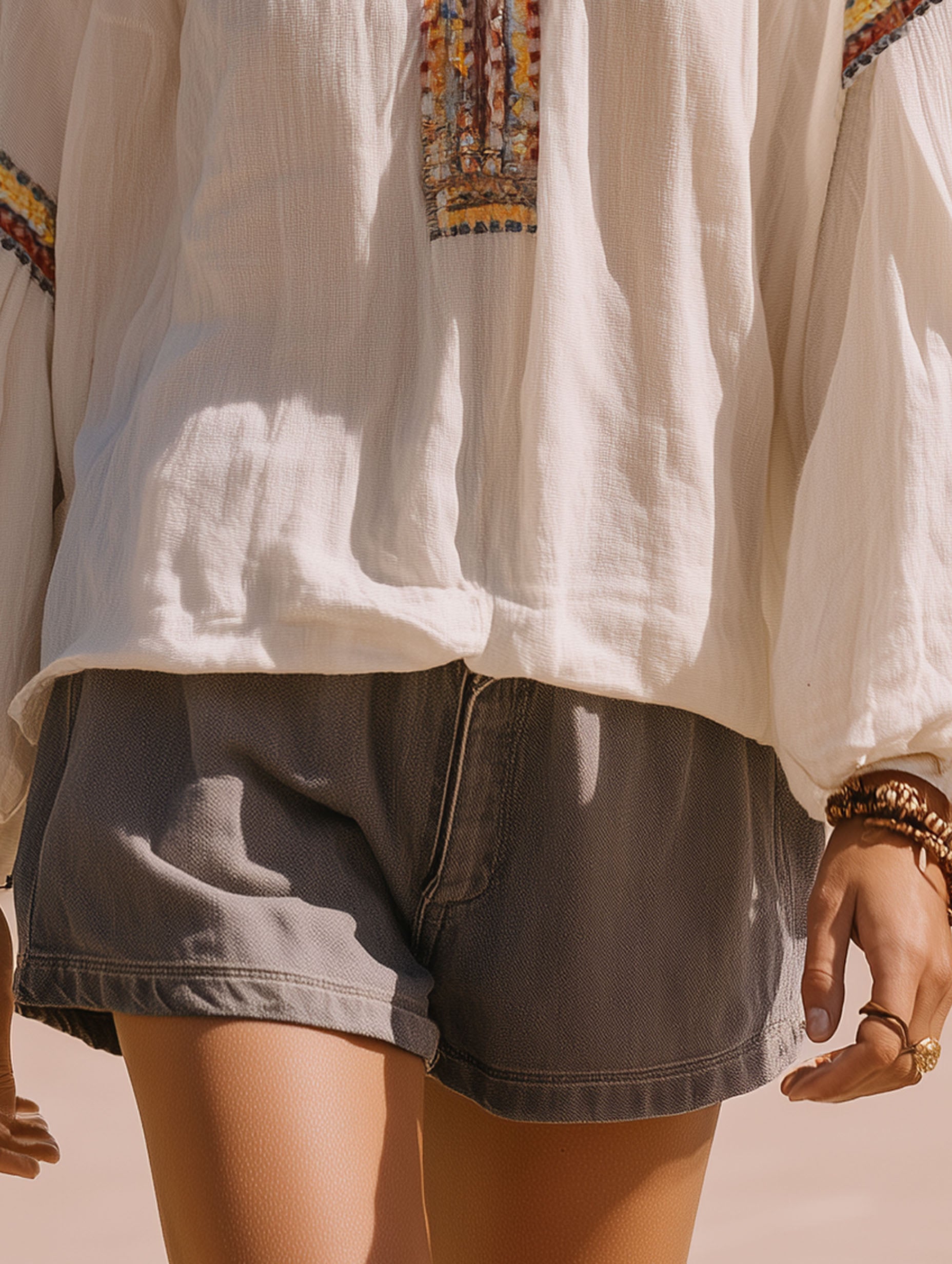 Resort-Style Off-White Cotton Linen Embroidered Long-Sleeved V-Neck With Ethnic Flair Shirts
