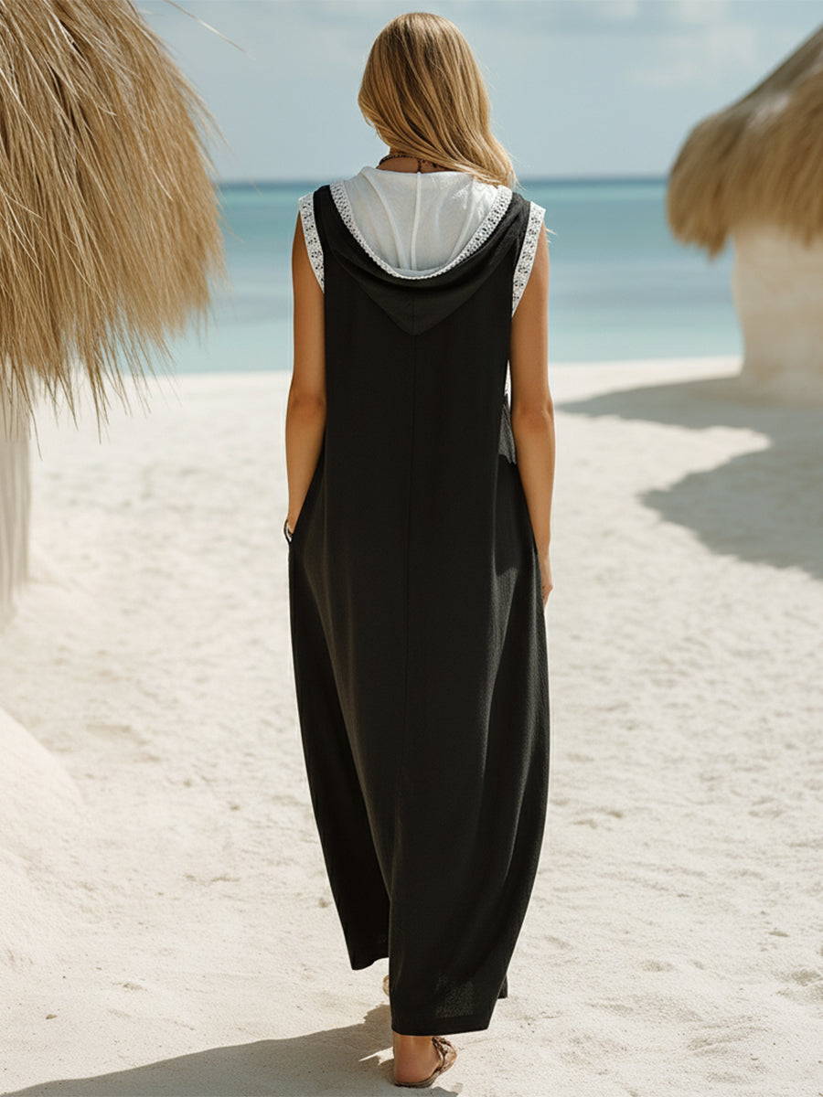 Casual Vacation Black Hooded White Lace-trimmed Zip-up Sleeveless Midi Dress