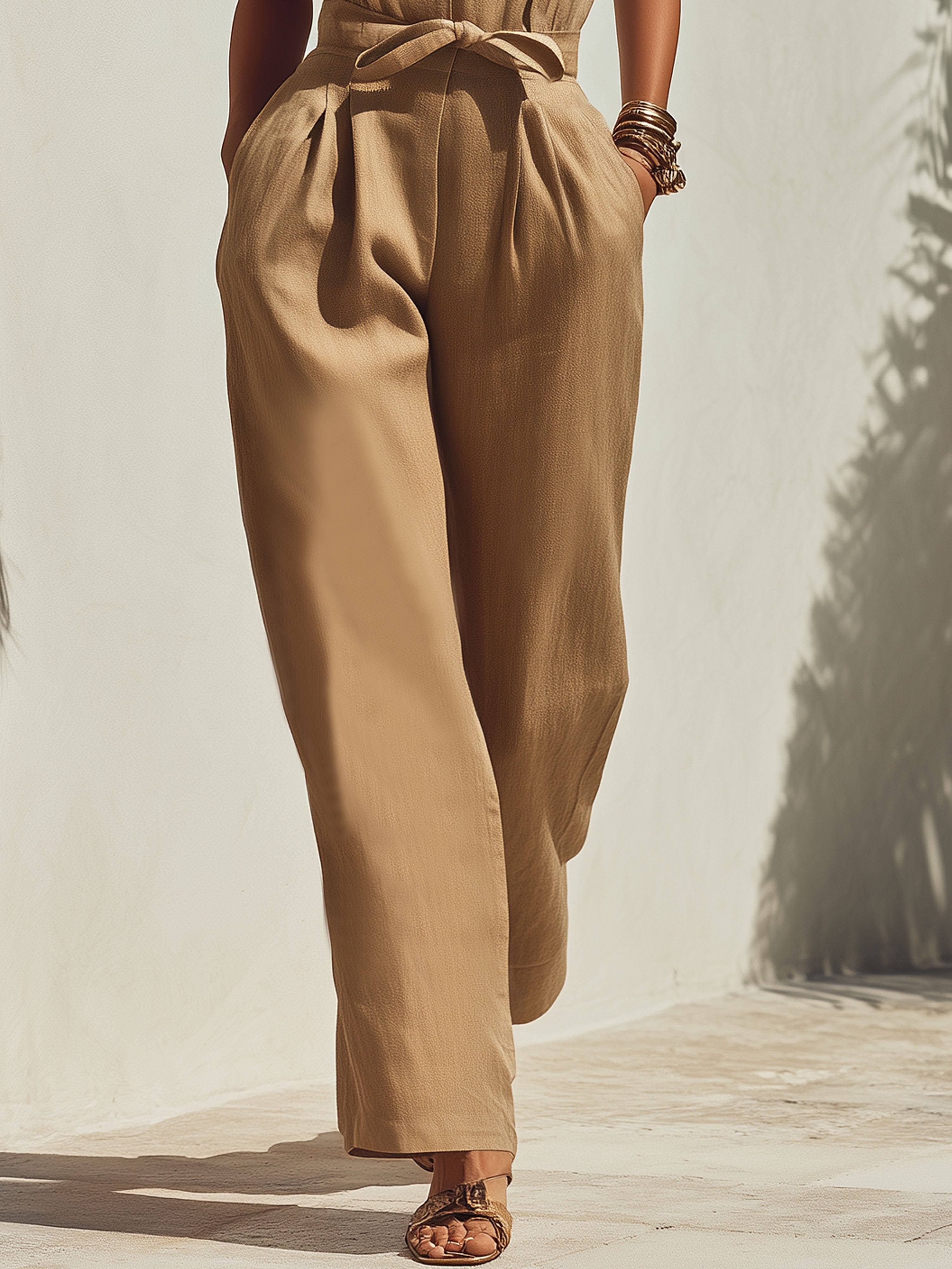 Resort-Style Cotton-Linen Khaki Drawstring Overalls