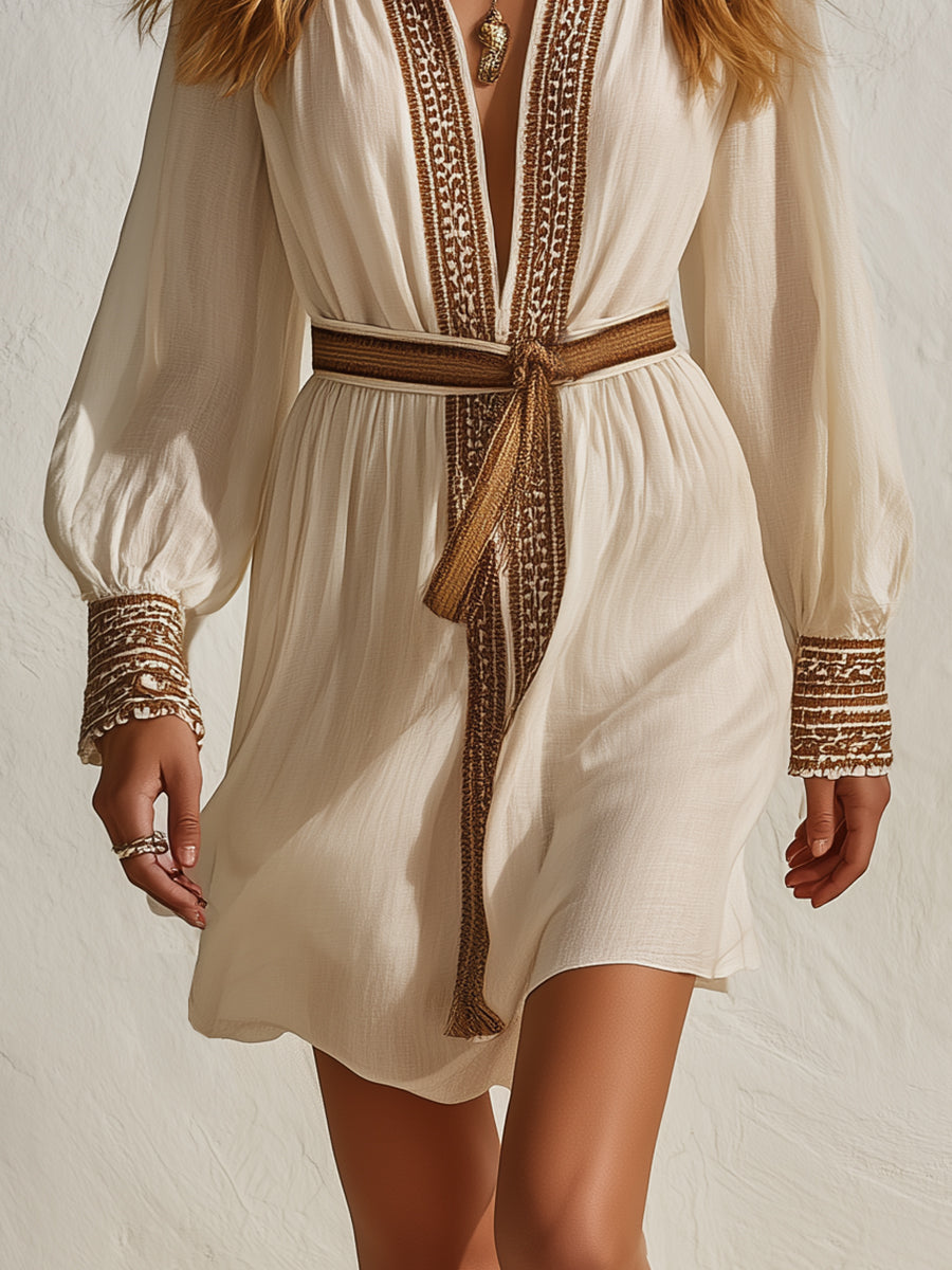 Casual Vacation Brown Ribbon Beige Cotton Linen Mini Dress