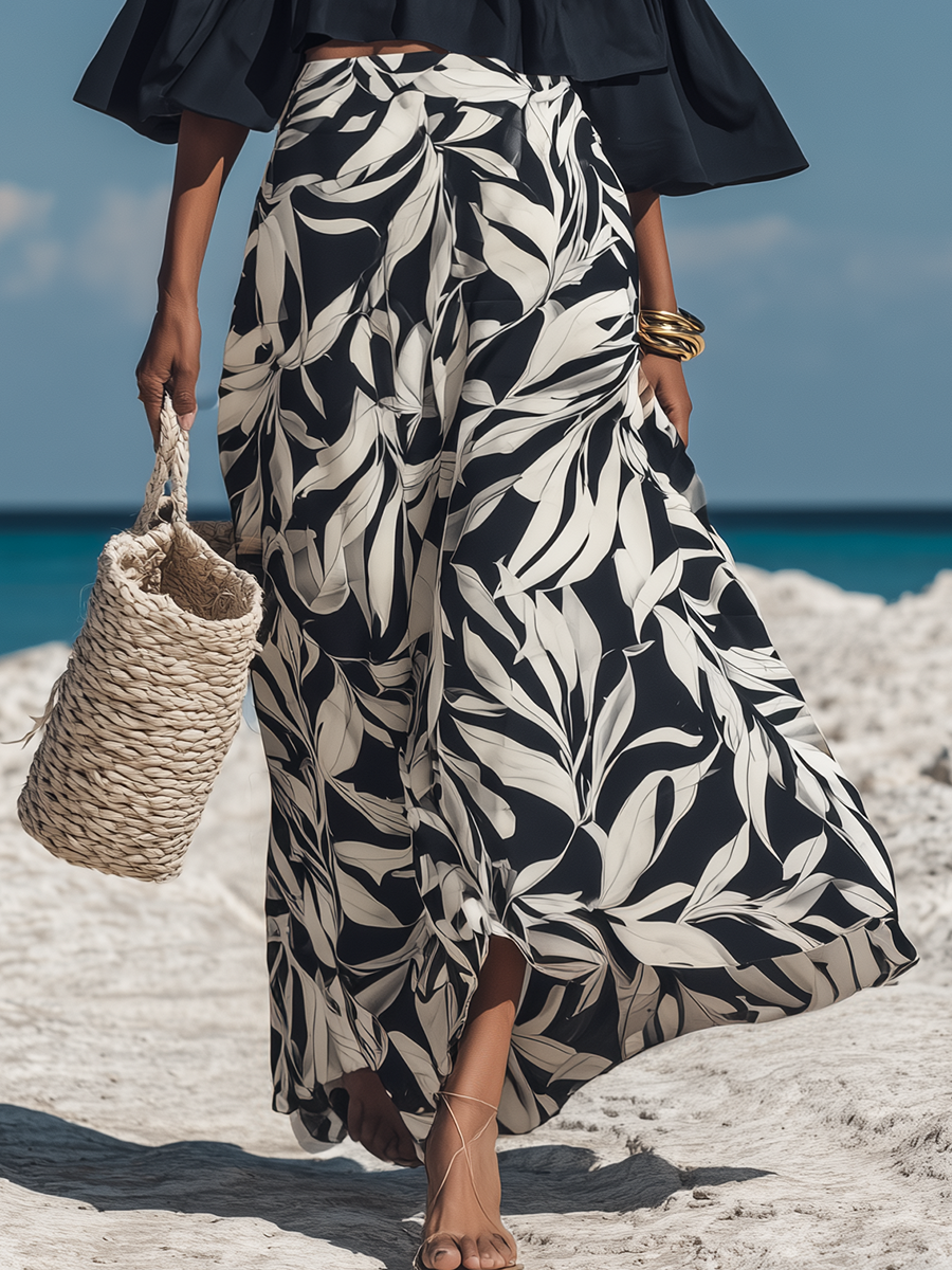 Romantic Bohemian Off-Shoulder Black Flared-Sleeve Top And Leaf-Print Chiffon Skirt Set