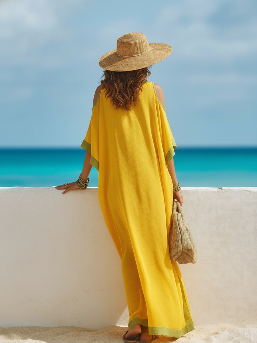 Resort-style V-neck Yellow Loose Short-sleeved Maxi Dress