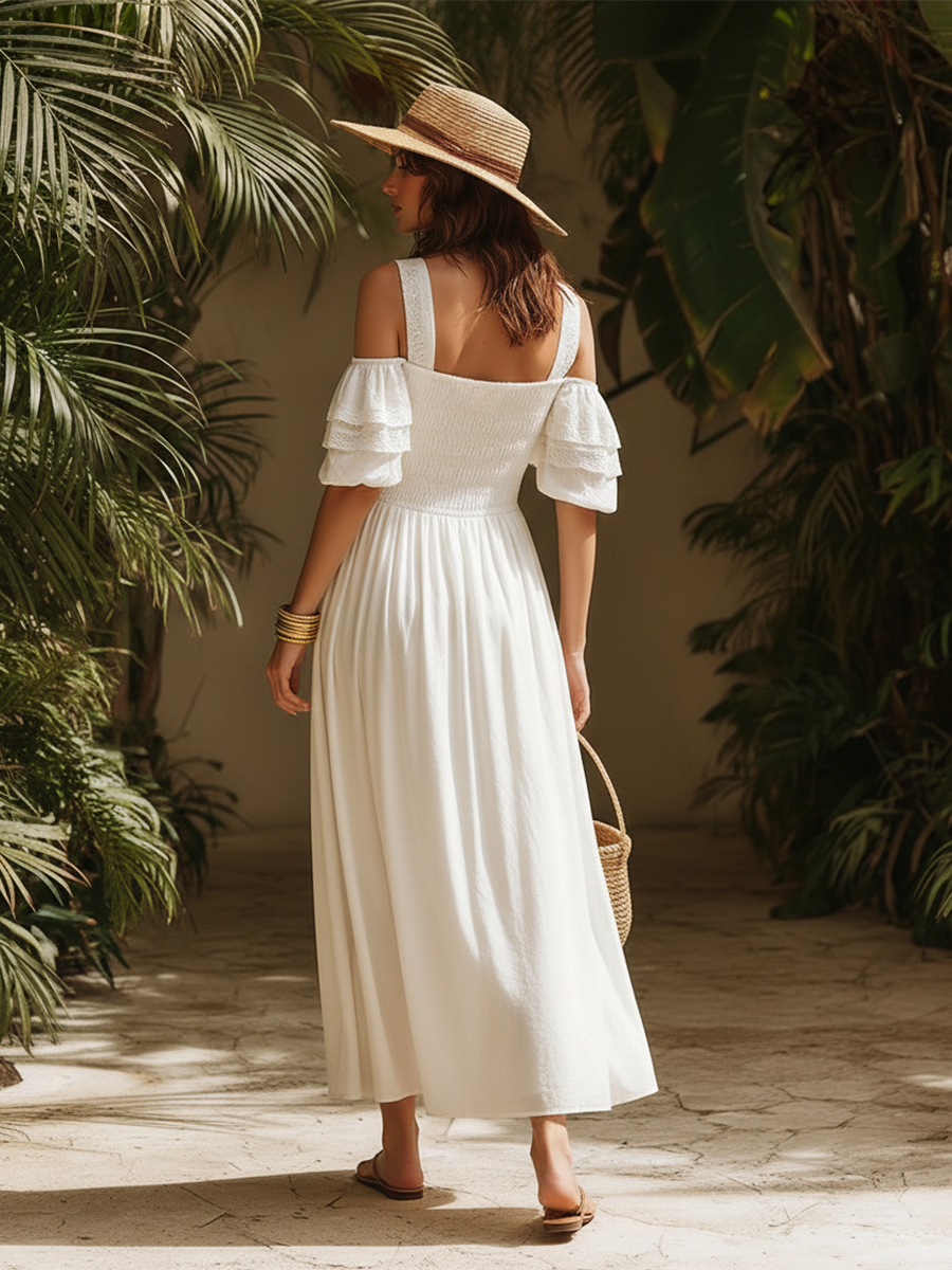 Elegant Vacation Short-sleeved Ruffled White Cotton And Linen Maxi Dress