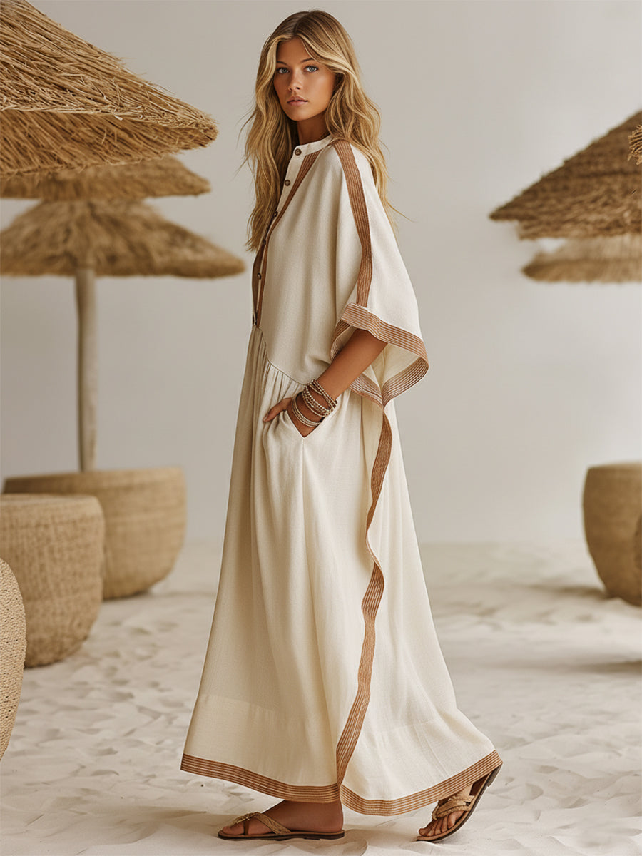 Casual Bohemian Striped Beige Cotton Linen Button-Down Loose Maxi Dress