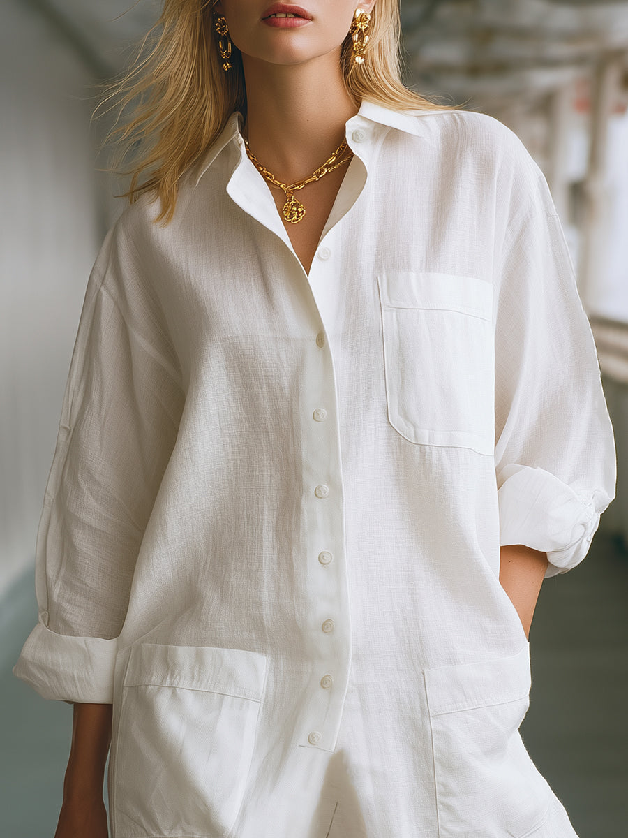 Minimalist Coastal Style White Cotton Linen Collared Button Jumpsuit