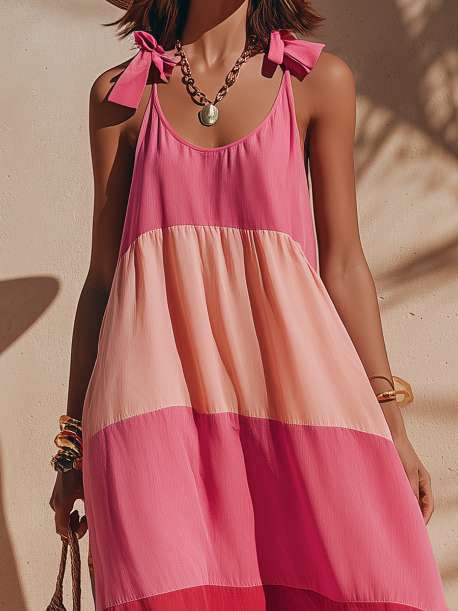 Colorful Vacation-style Patchwork Shoulder Bow Tie Straps Maxi Dress