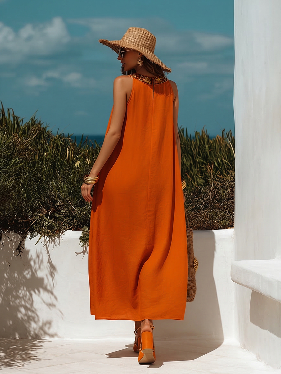 Loose-Fit Bohemian-Style Embroidered Neckline Sleeveless Orange Cotton-Linen Midi Dress