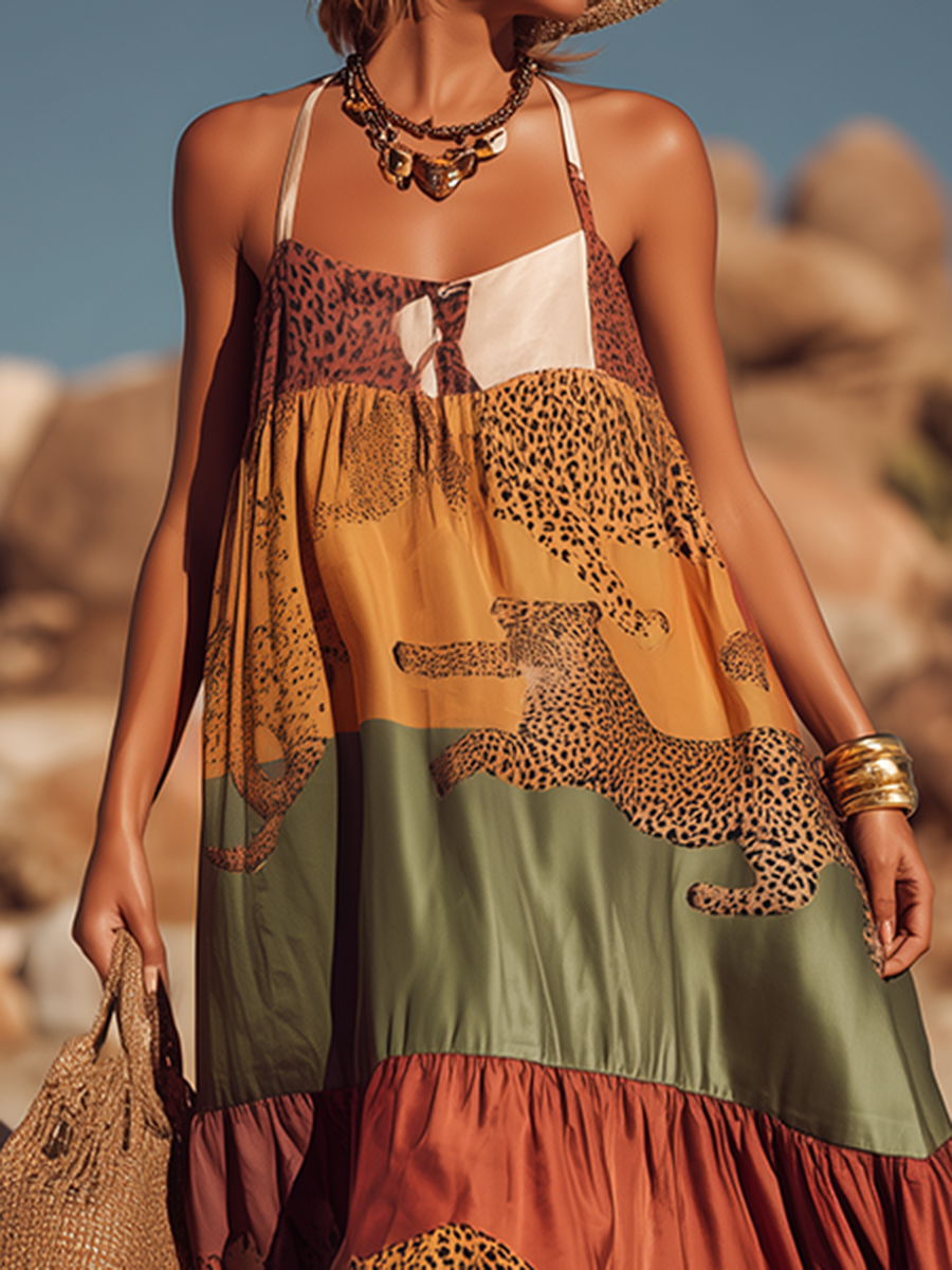 Retro And Stylish Animal Print Thin Straps Satin Maxi Dress