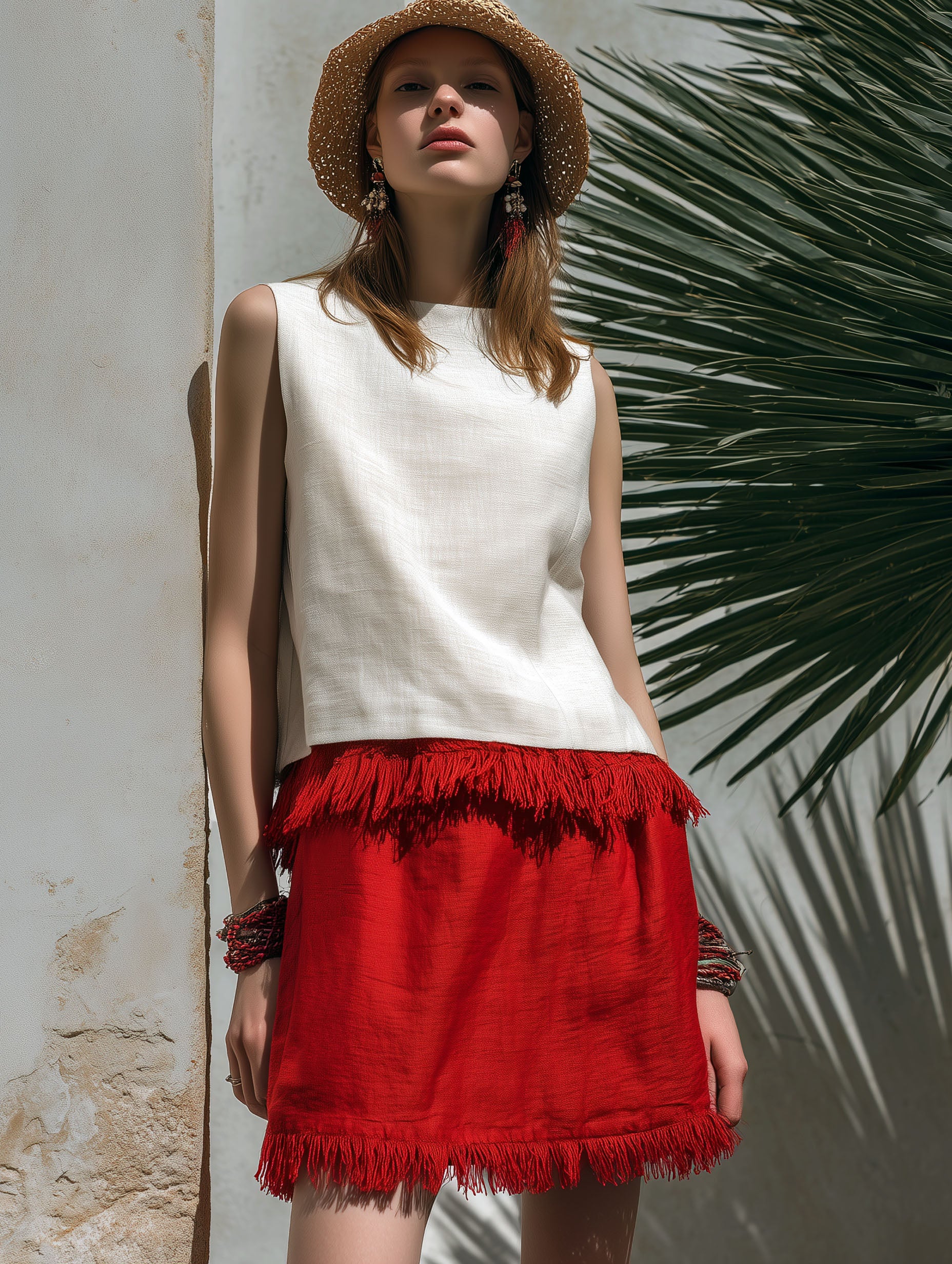 Elegant Resort Style Cotton Linen Patchwork Red Tassel Mini Skirt Set