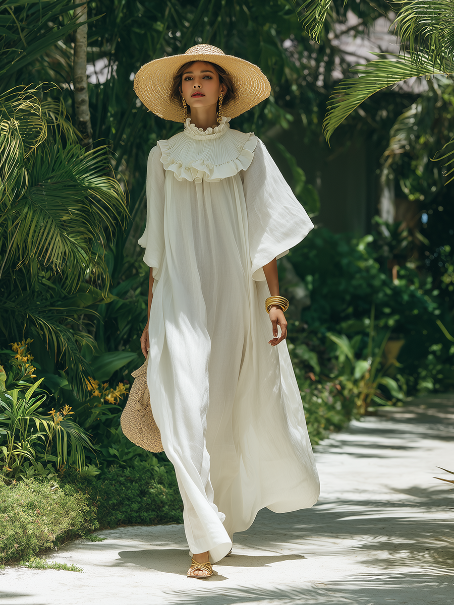 Romantic Bohemian Style Ruffled Neckline White Cotton Maxi Dress