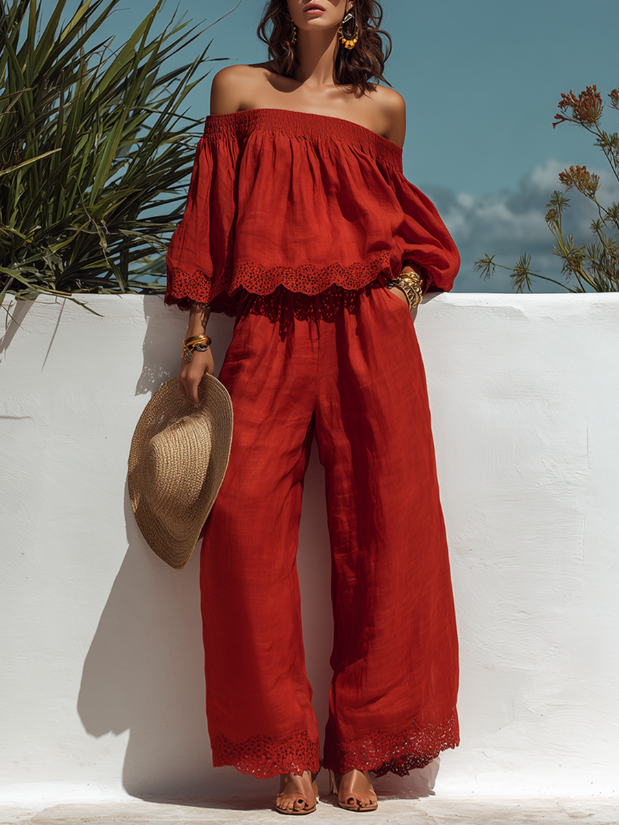 Elegant Bohemian Lace-trimmed Off-the-shoulder Top And Wide-leg Pants Red Set
