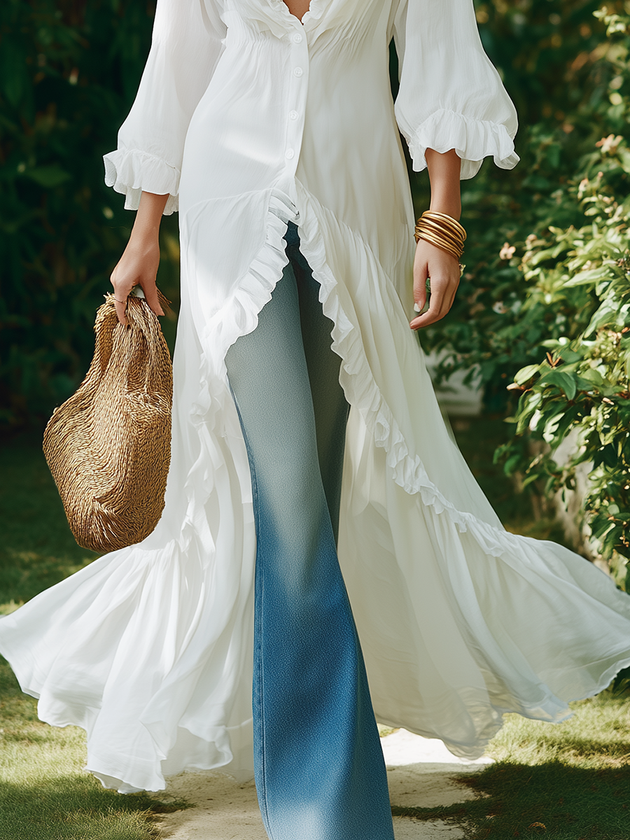 Romantic Vacation V-neck Ruffled White Chiffon Long Shirt