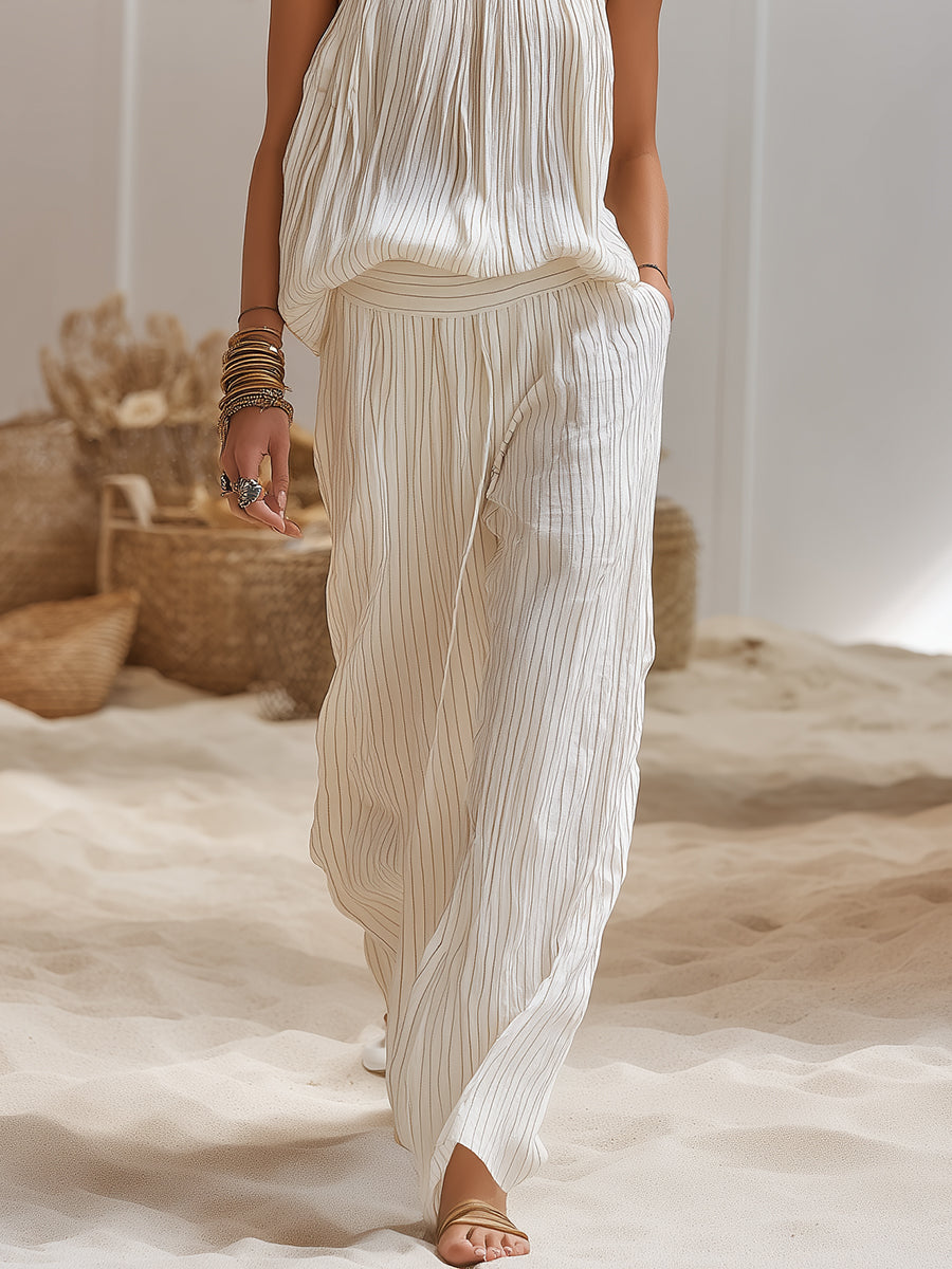 Casual Bohemian Striped Halter Neck Sleeveless Top And Wide-Leg Pants Set