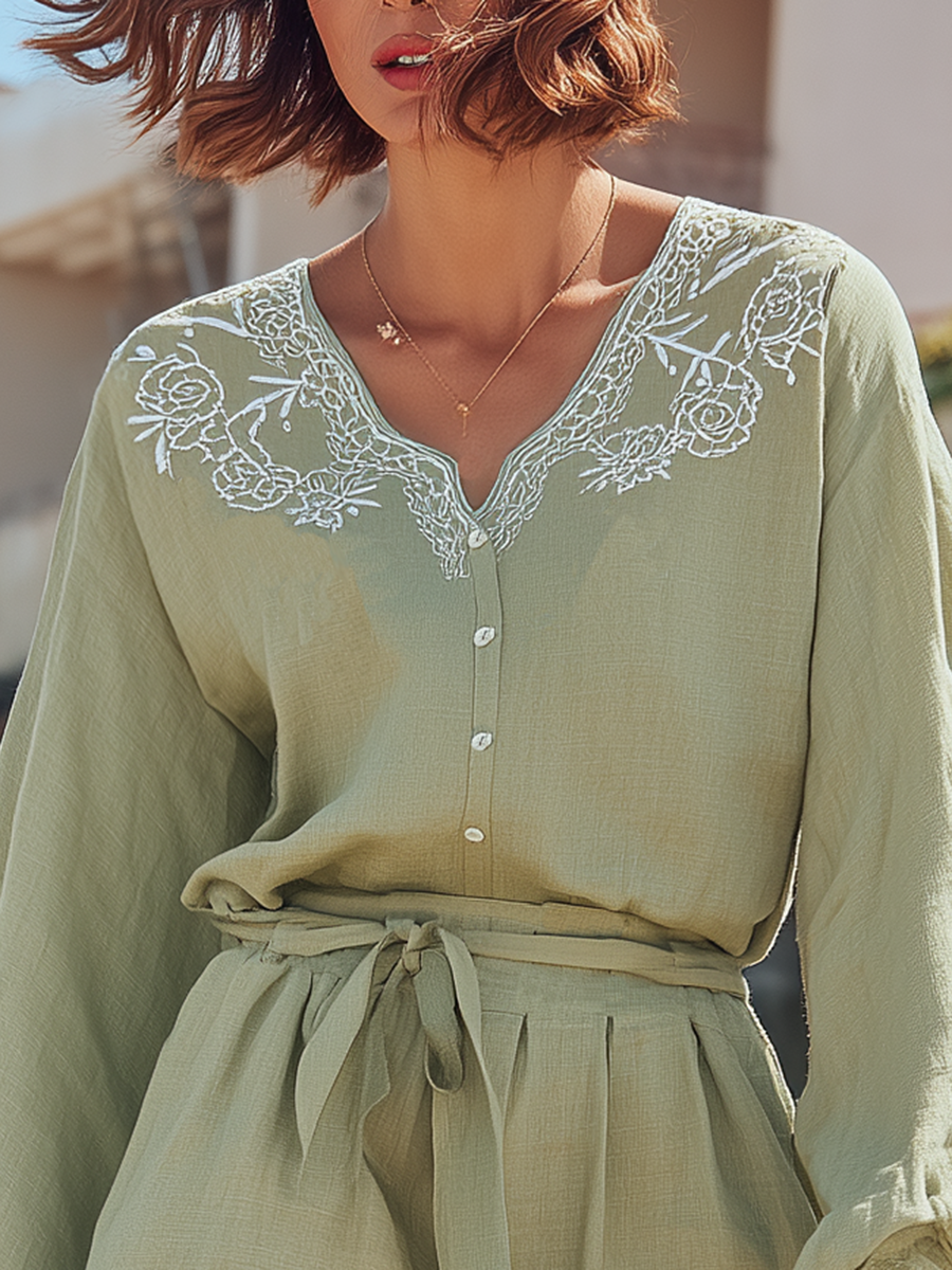 Vacation-style Cotton And Linen V-neck Embroidered Long-sleeved Shorts Set