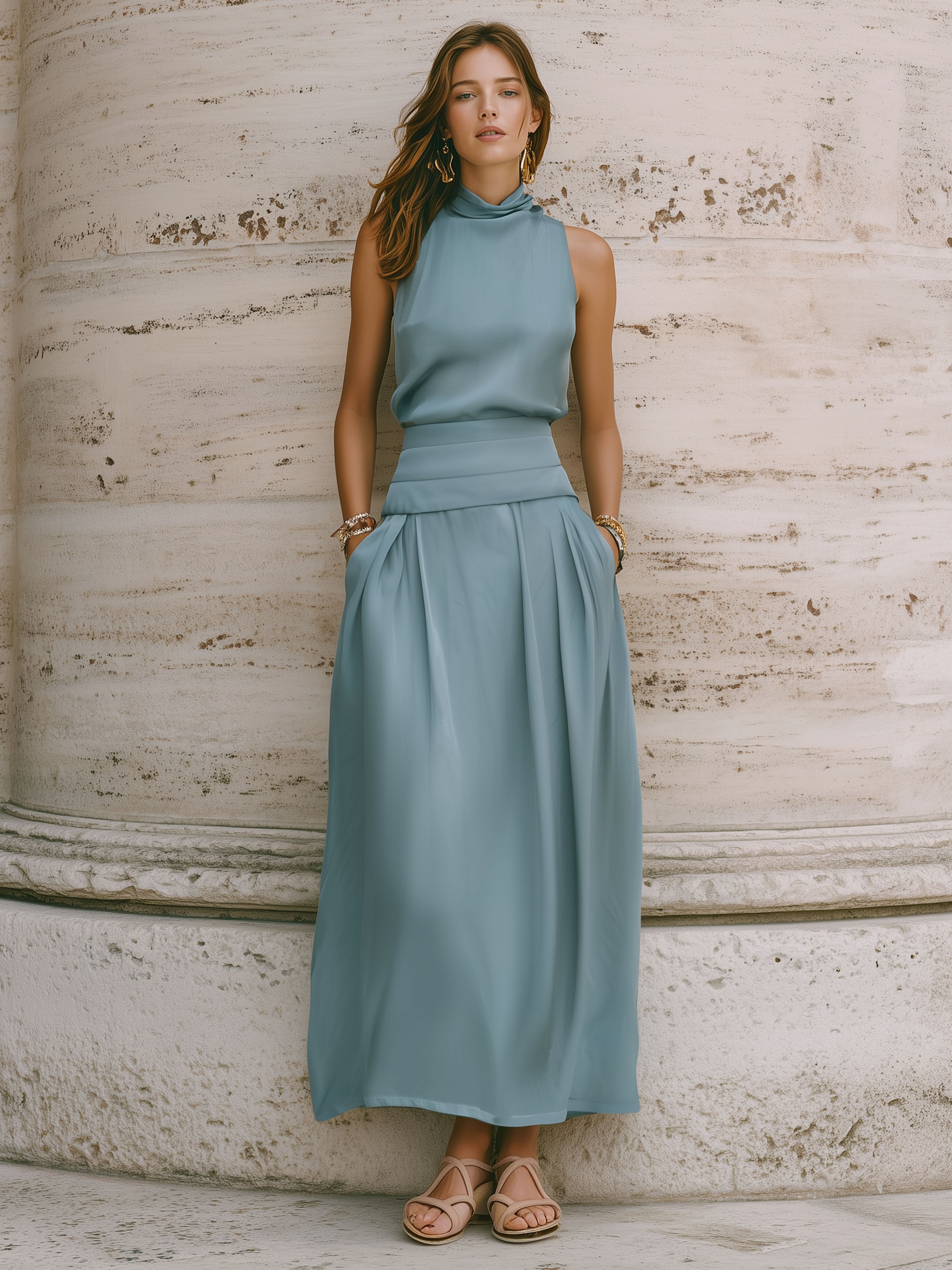 Resort-Style High-Neck Blue-Green Sleeveless Top And Long Skirt Set