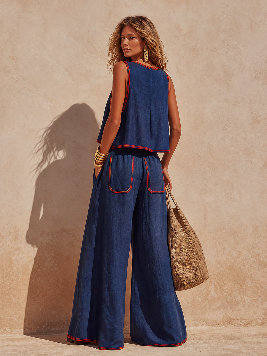 Relaxed Stylish Red Trim Navy Blue Tencel Wide-leg Set