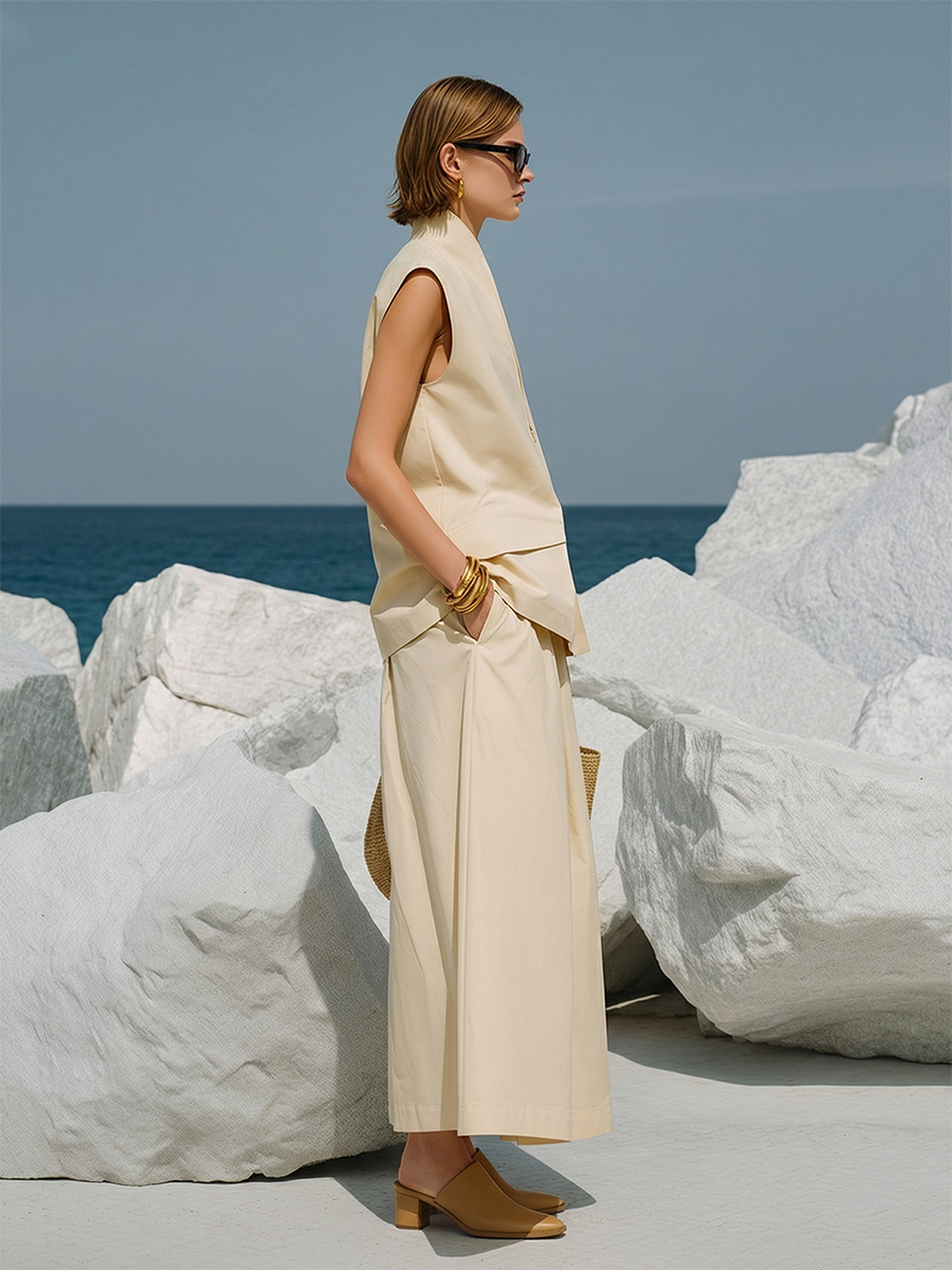 Stylish Classic Accordion Pocket Sleeveless Top And Skirt Set