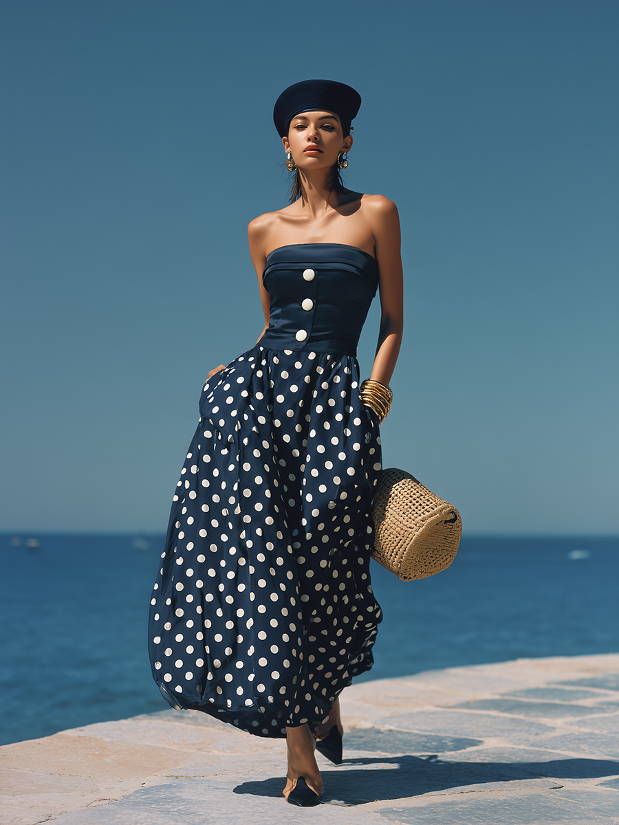 Stylish Nautical-inspired White Polka Dot Dark Blue Satin Maxi Dress