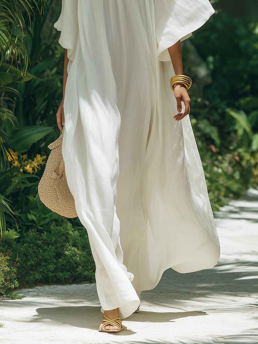 Romantic Bohemian Style Ruffled Neckline White Cotton Maxi Dress