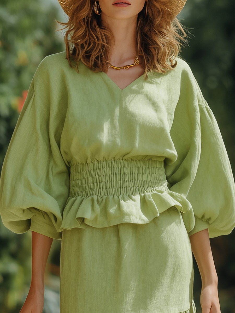 Vacation-style Cotton And Linen V-neck Long-sleeved Maxi Dress