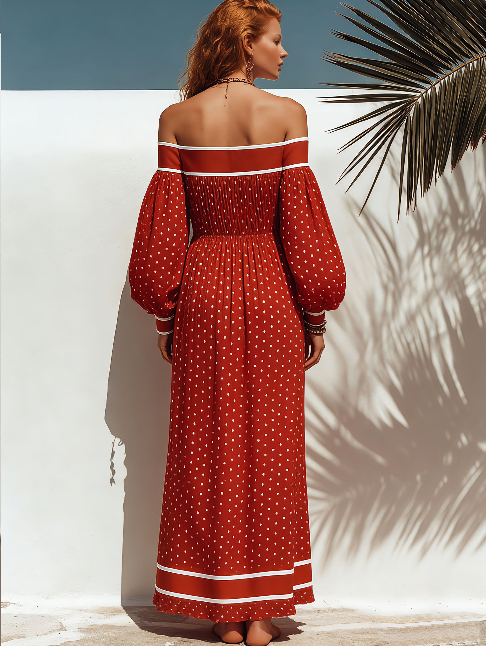 Resort-Style Chiffon White Polka Dot Striped Red Off-Shoulder Maxi Dress
