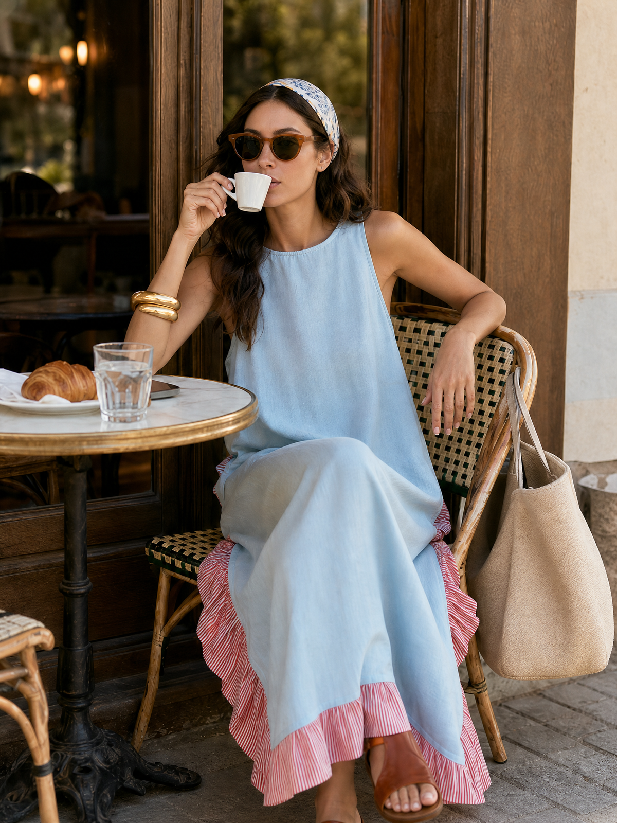 Vacation Red And White Stripes Ruffles Blue Sleeveless Tencel Maxi Dress