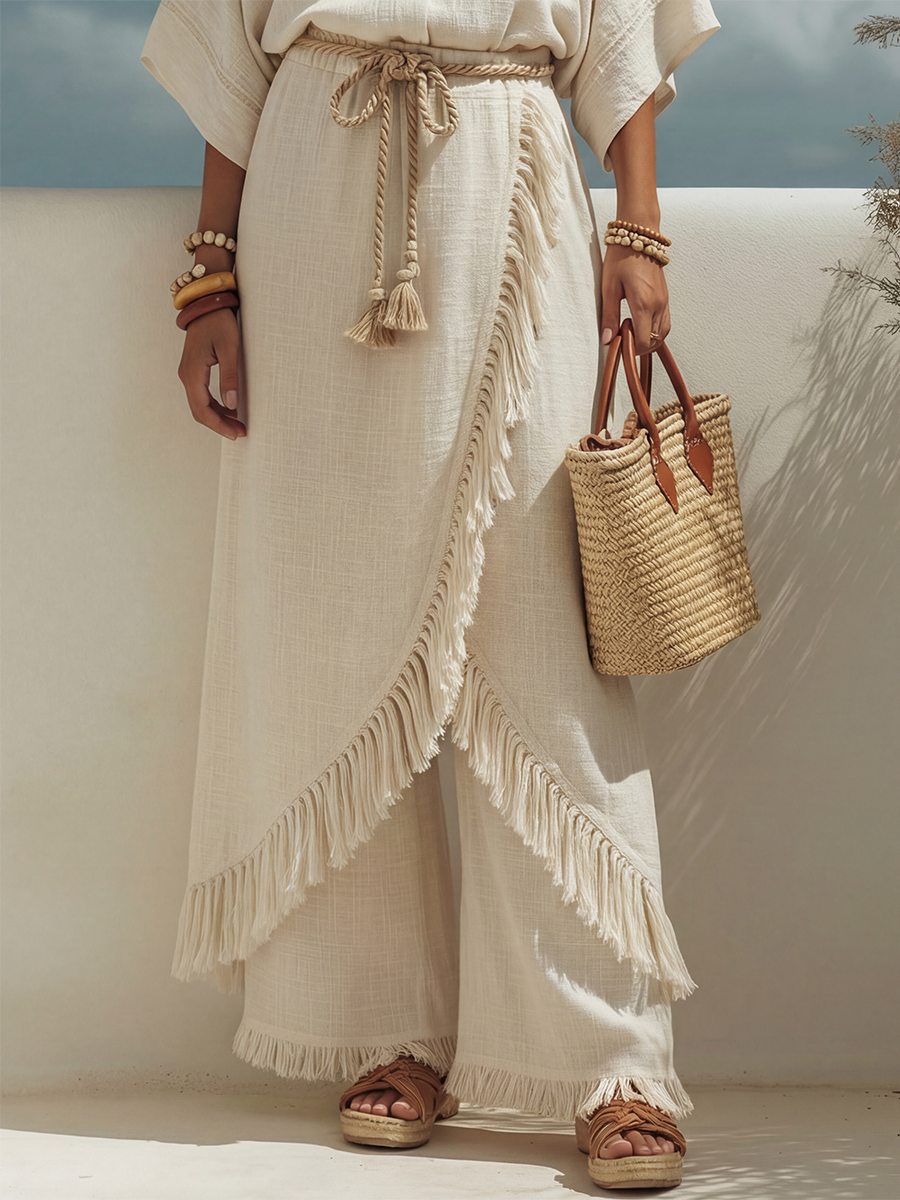 Trendy Bohemian Short-Sleeve Top And Fringe Faux Two-Piece Pants Cotton Linen Set