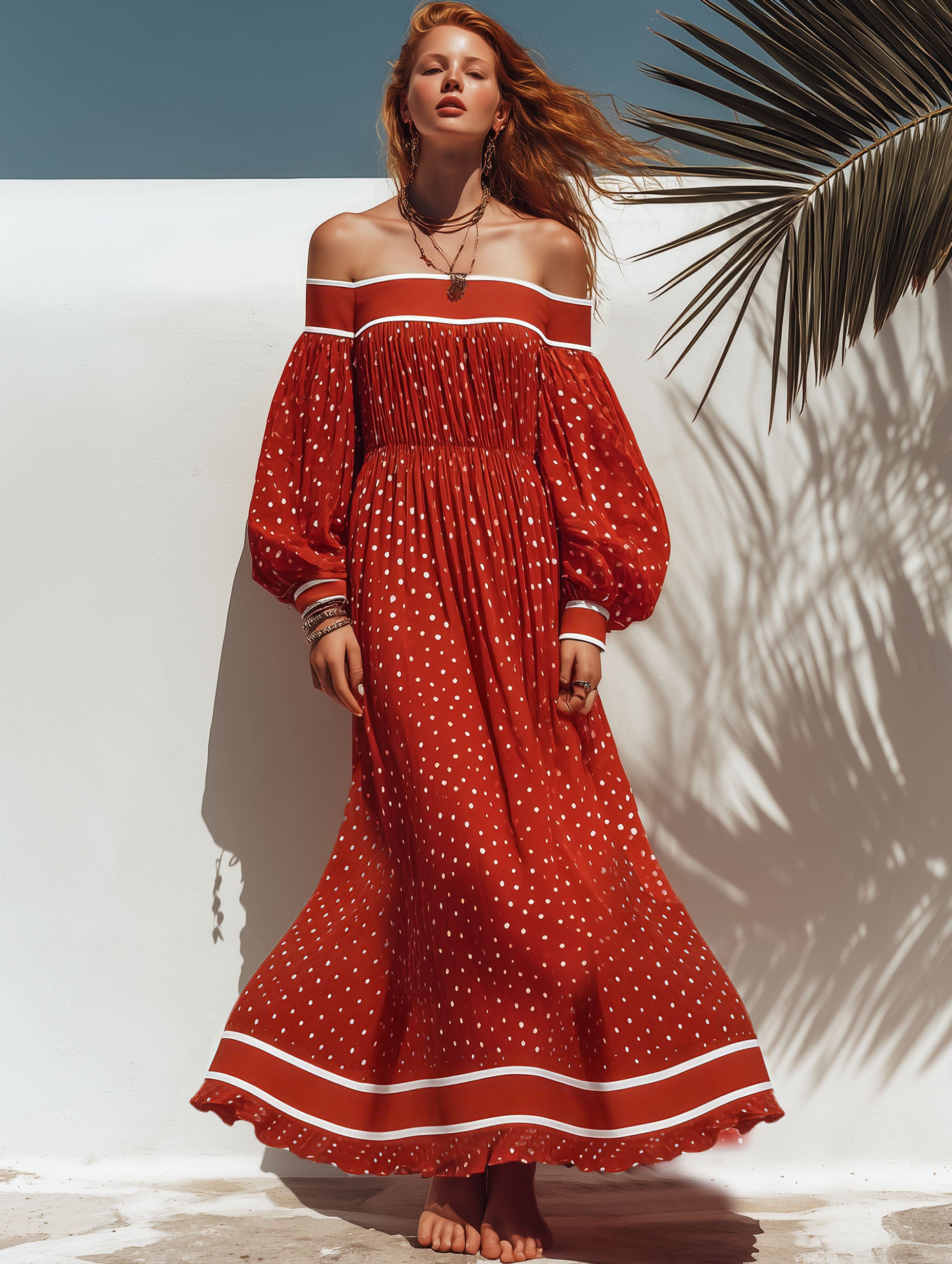 Resort-Style Chiffon White Polka Dot Striped Red Off-Shoulder Maxi Dress
