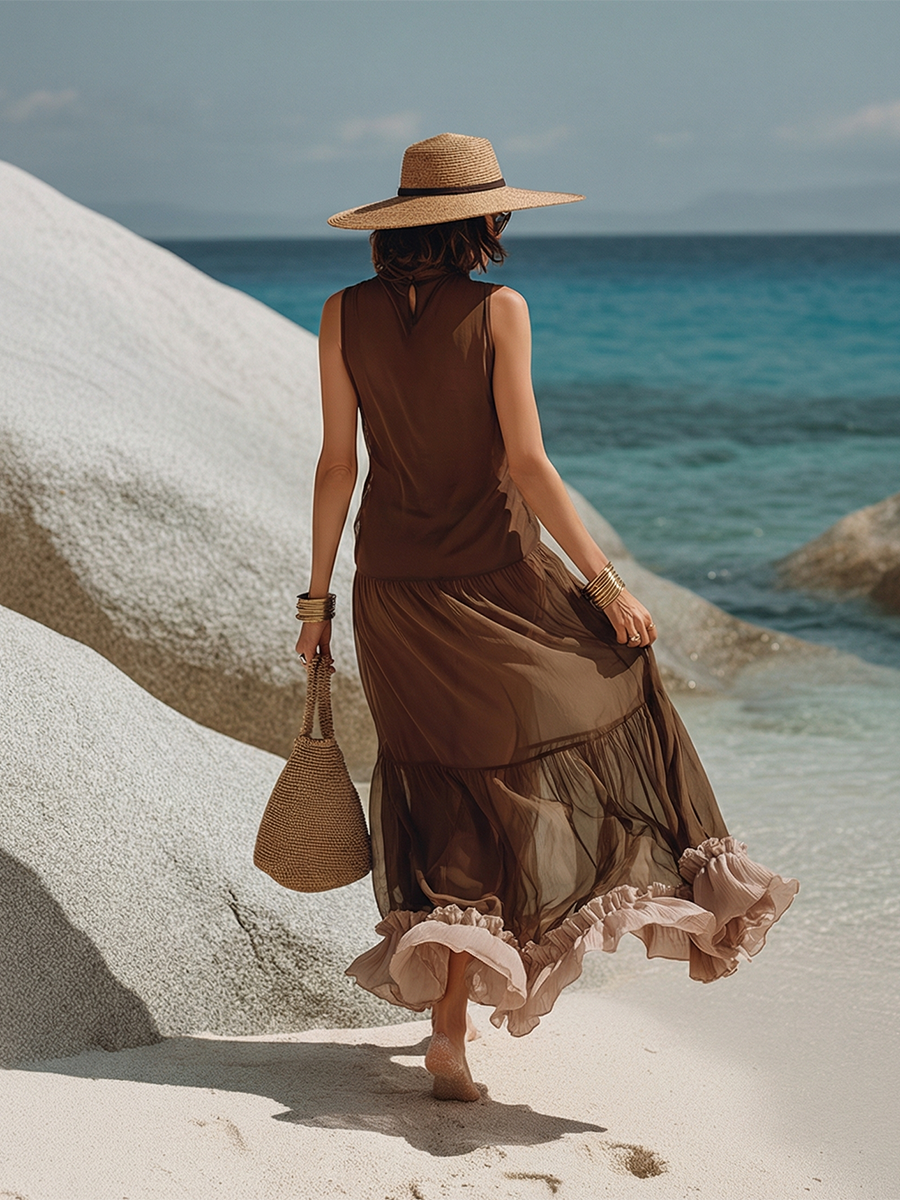 Elegant Vacation Sleeveless Ruffled Hem Maxi Dress