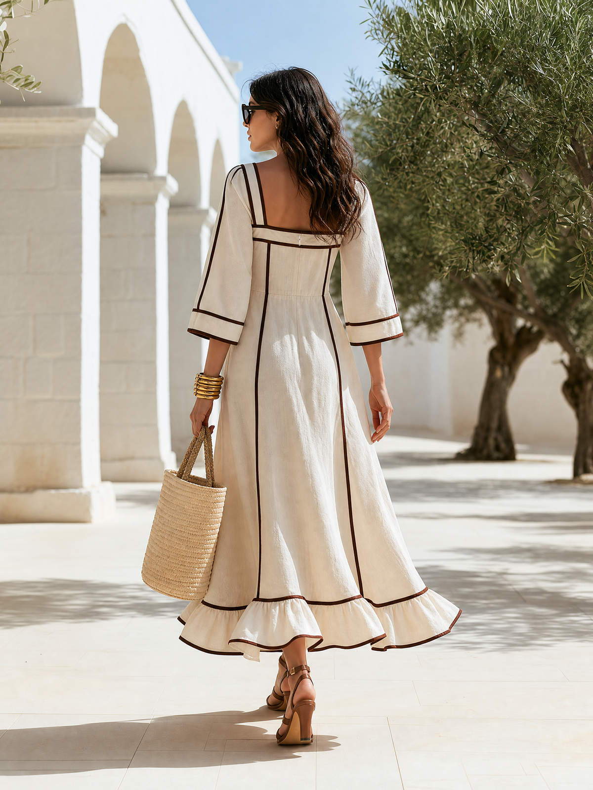 Old Money Square-Neck Short-Sleeve Brown Webbing Beige Cotton-Linen Maxi Dress
