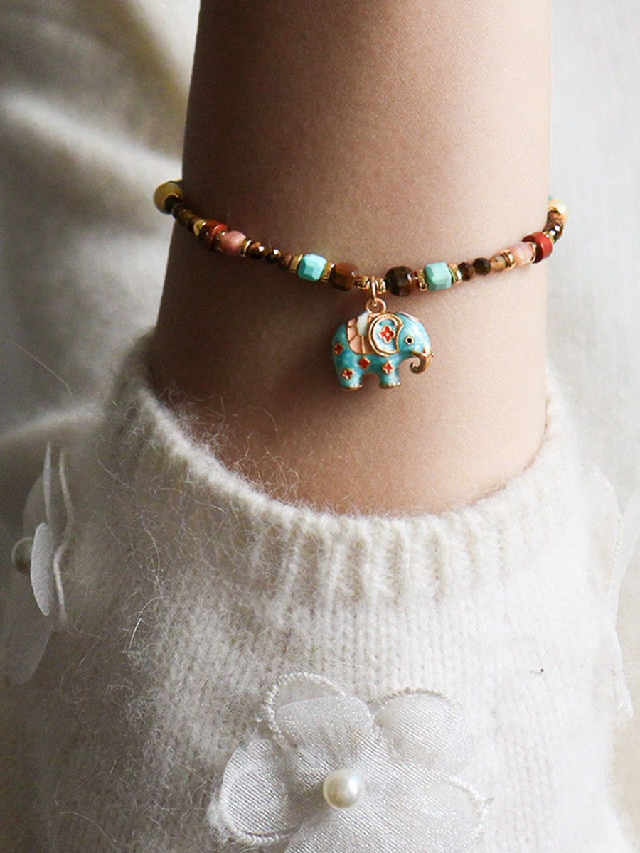 Vintage-style Oil-drop Elephant Tiger's Eye Turquoise Pearl Necklace