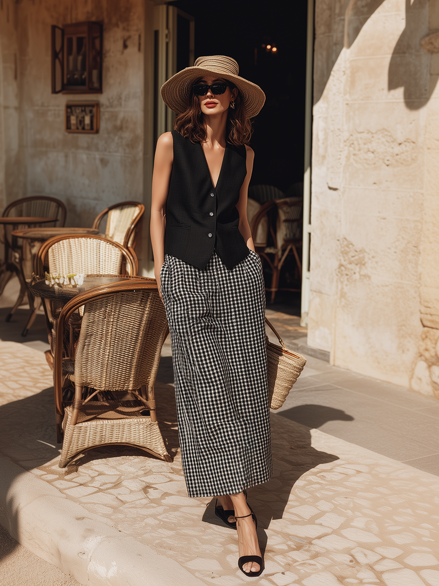 Light Luxury Resort-Style Black Vest And Plaid Skirt Cotton-Linen Set