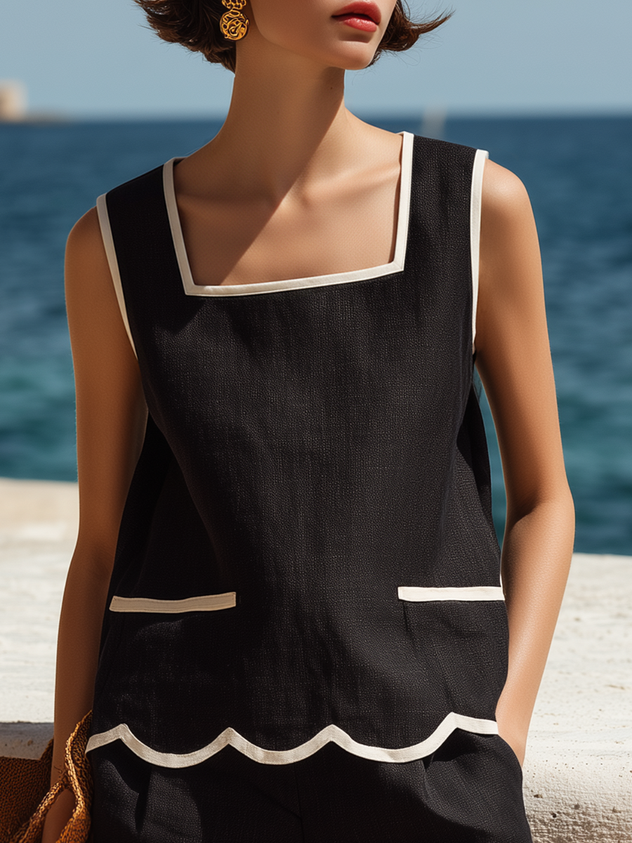 Elegant Resort Contrast Wavy Trim Black Top And Shorts Cotton Linen Set
