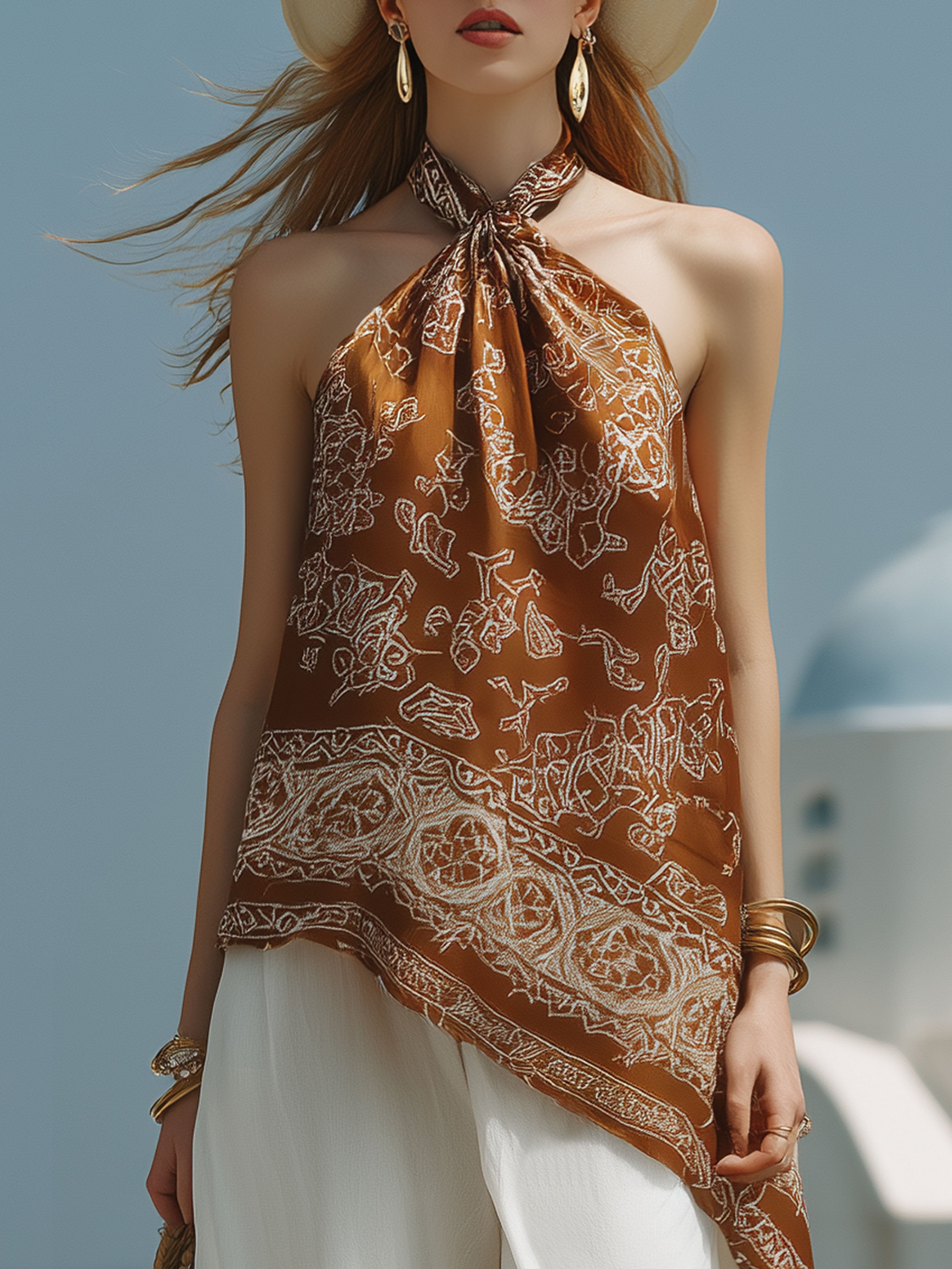 Resort-Style Satin Brown Printed Halter Neck Top And Cotton Linen Trousers Set
