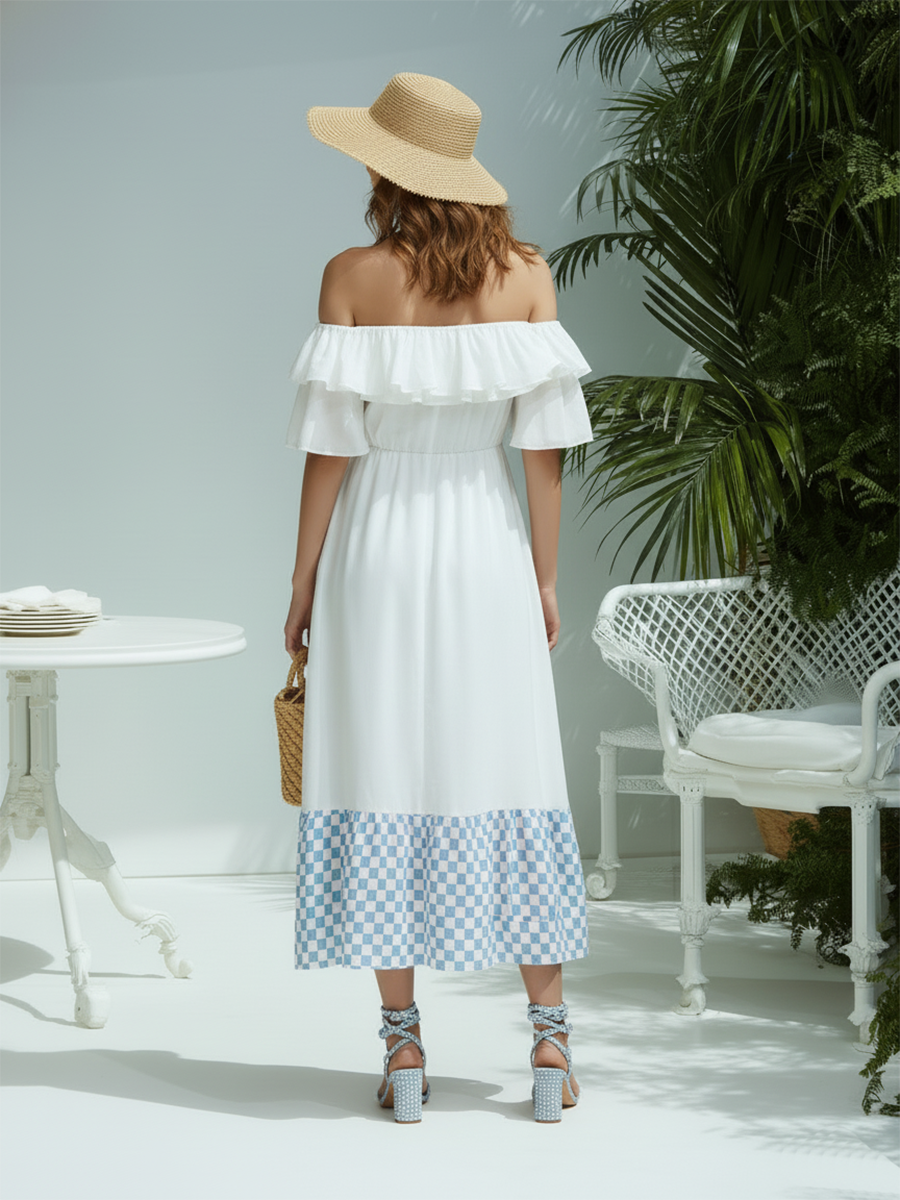 Vacation-Style Off-Shoulder Short-Sleeve Plaid-Paneled Midi Dress