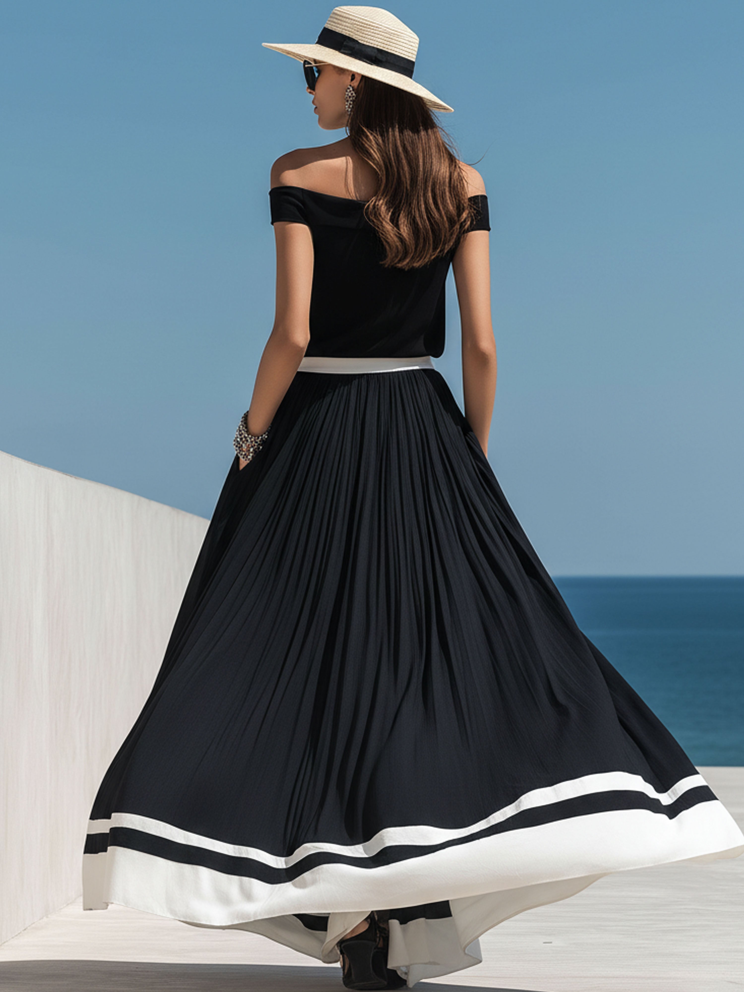 Vacation Black Off-Shoulder White Decorated Top And Long Skirt Set
