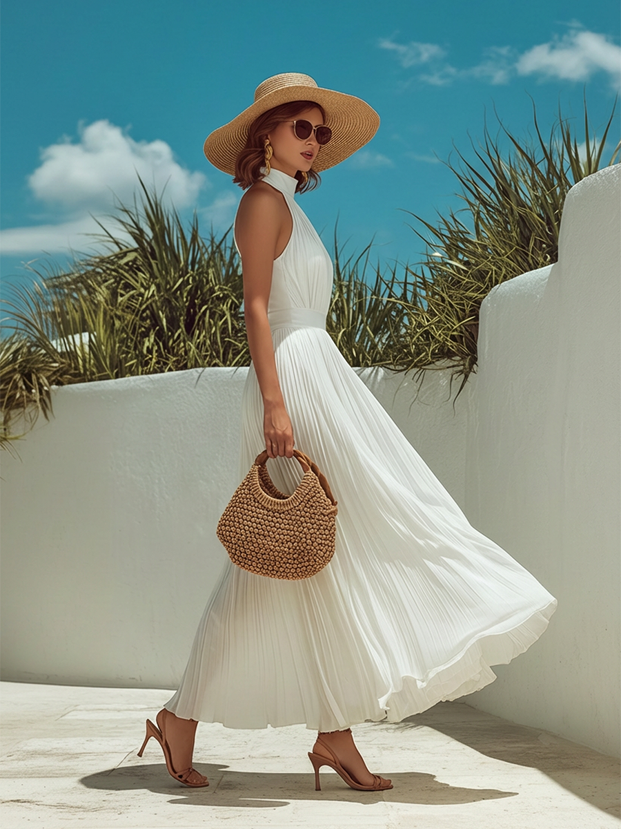 Chic And Elegant Sleeveless Pleated White Satin Maxi Dress