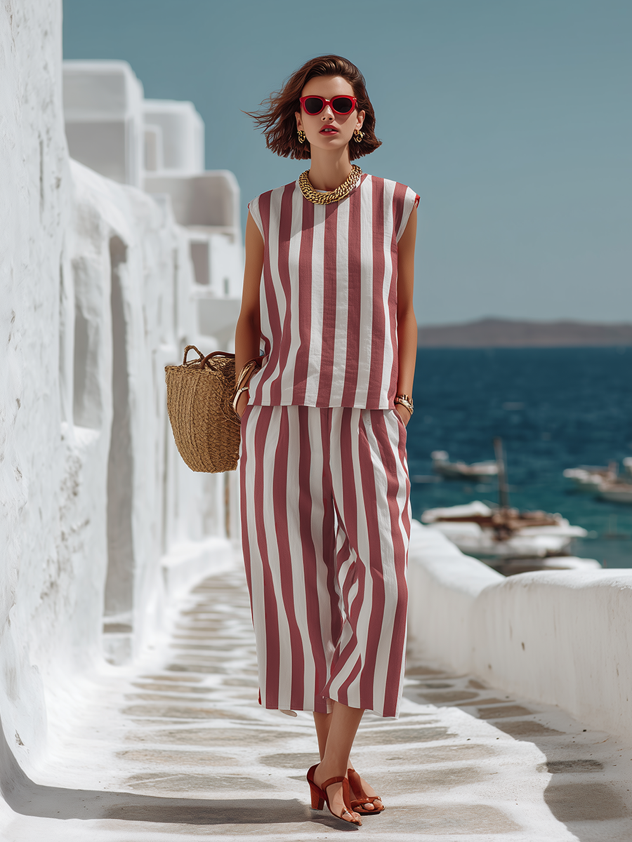 Simple Vacation-style Red And White Striped Sleeveless Top And Wide-leg Capri Pants Cotton And Linen Set
