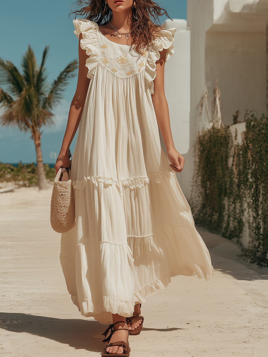 Vacation-style Cotton And Linen Embroidered Sleeveless Loose Maxi Dress