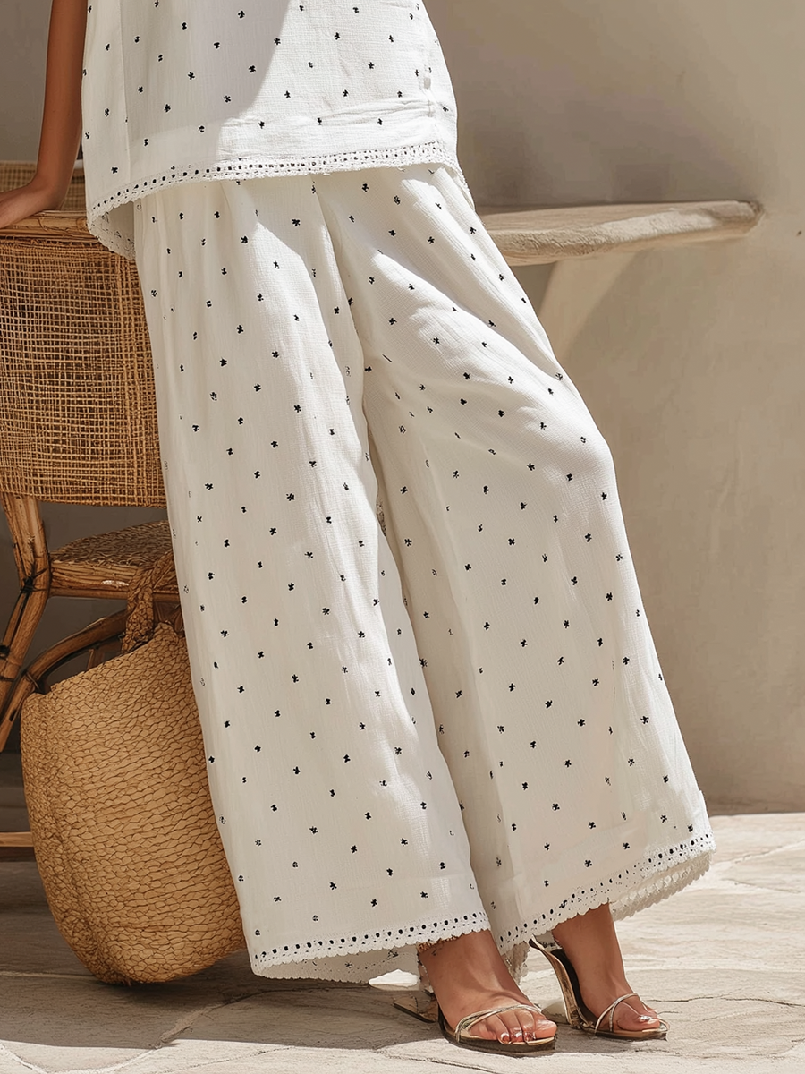 Minimalist Resort Black Polka-Dot Sleeveless Top With Lace Trim And Wide-Leg Pants Cotton-Linen Matching Set