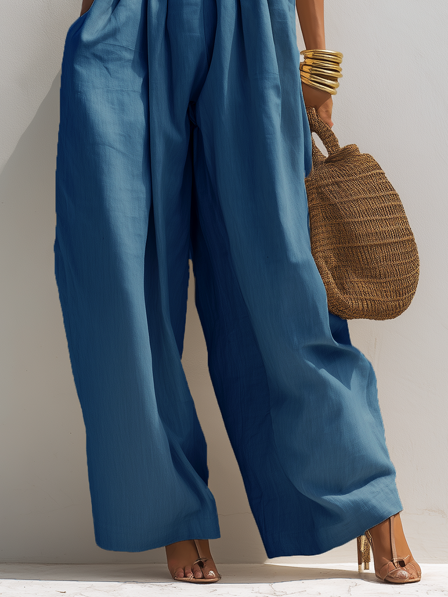 Casual Vacation Beaded Spaghetti Strap Wide-Leg Cotton Linen Jumpsuit