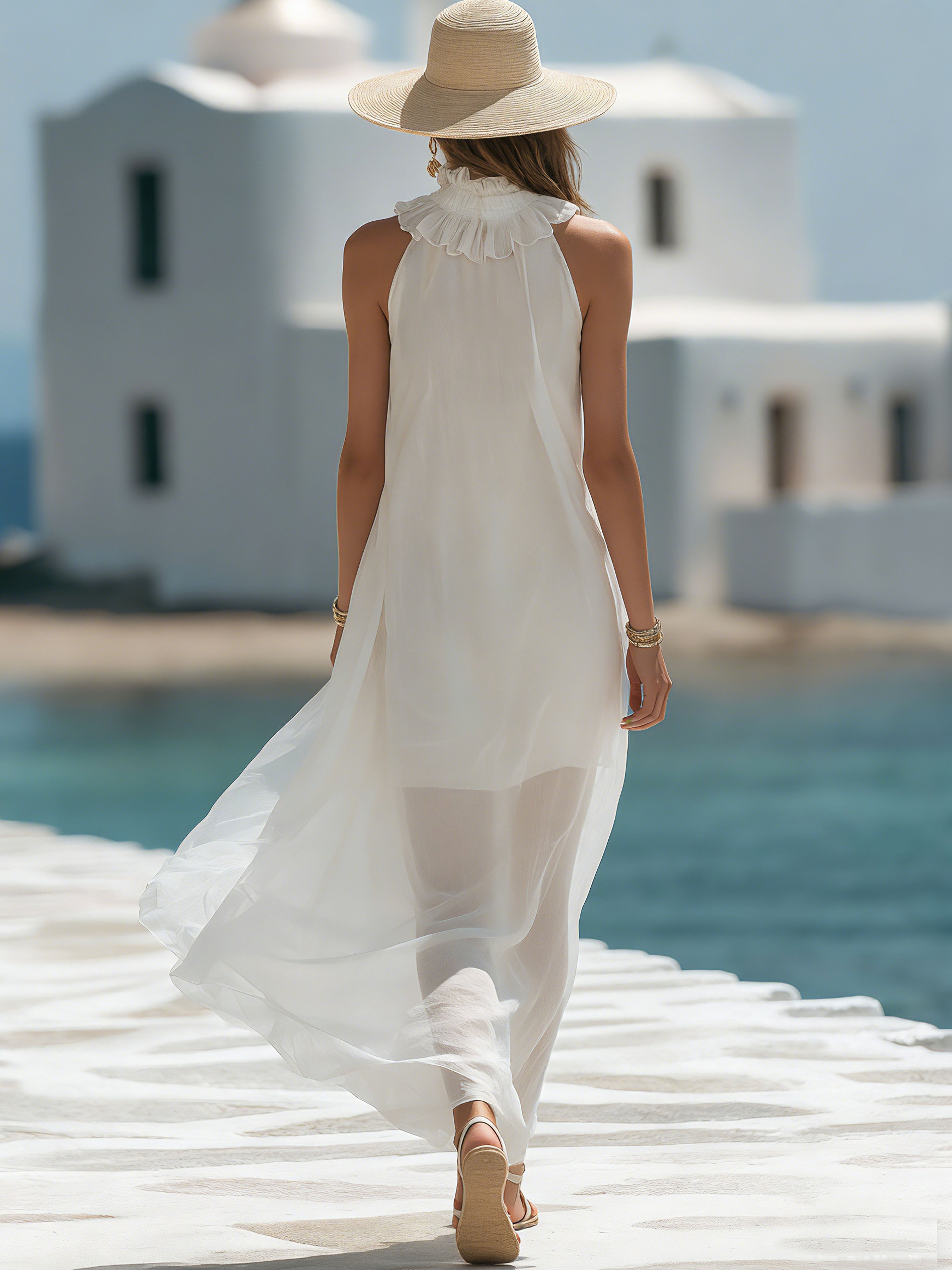 Resort Chiffon White Sheer With Tie Neckline Maxi Dress
