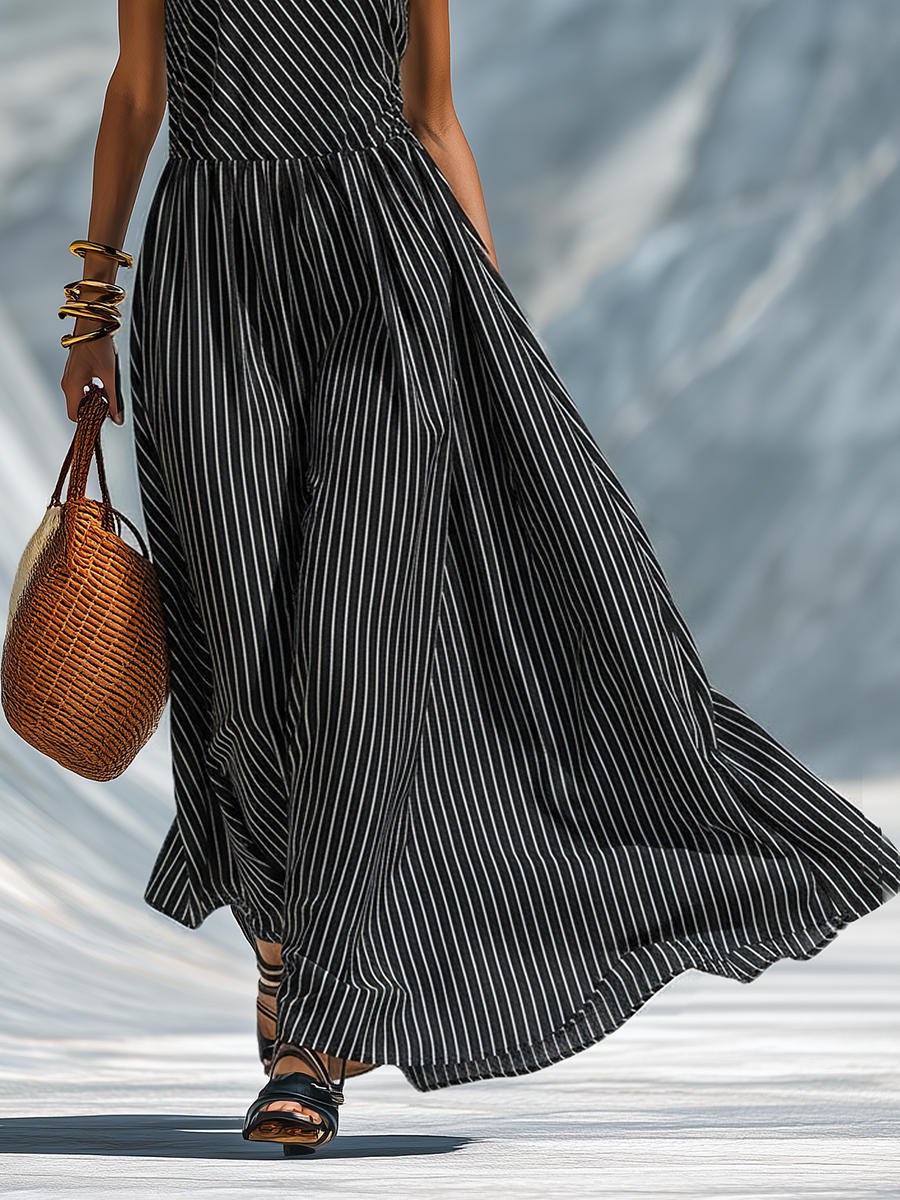 Stylish And Fashionable Black And White Striped Sleeveless Maxi Dress