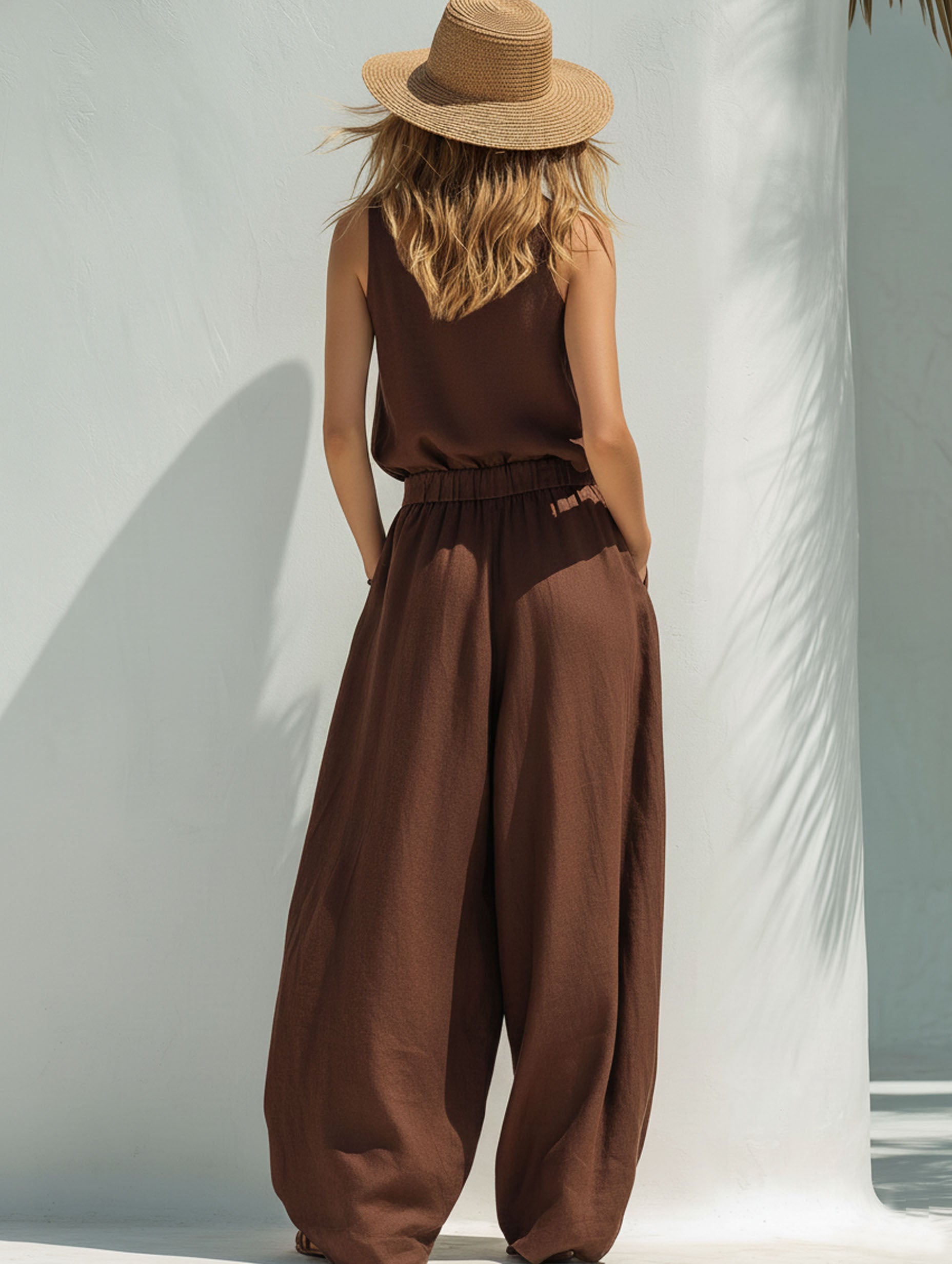 Elegant Vacation-Style Brown Cotton Linen Sleeveless Top And Metal Button Trousers Set